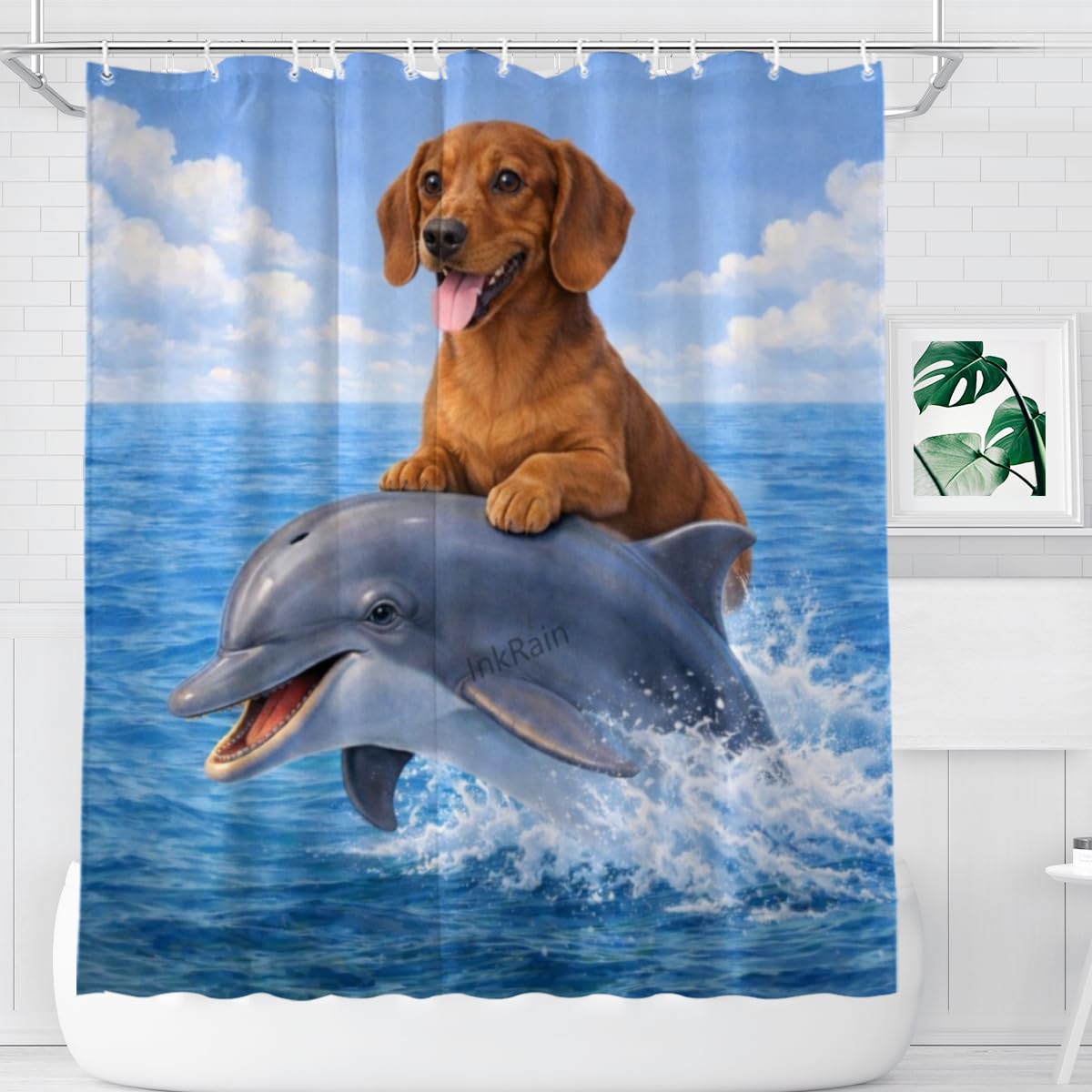 InkRain Ocean Dachshund Shower Curtain with 12 Hooks Cute Puppy Riding Dolphin Bathroom Decor Waterproof Polyester Fabric Coastal Beach Bath Curtain 72x72 Inch