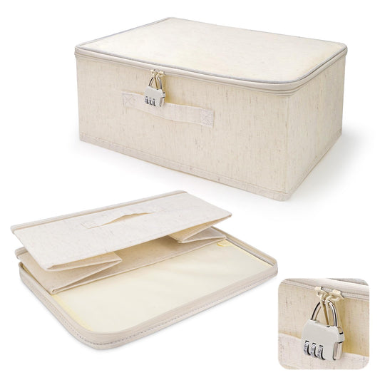 2 Pack Lockable Storage Box with Zipper & Handle, 14.96" x 10.03" x 6.29" Lockable Storage Organizer, Foldable Fabric Lock Box for Women Men Personal Item Container (Beige)