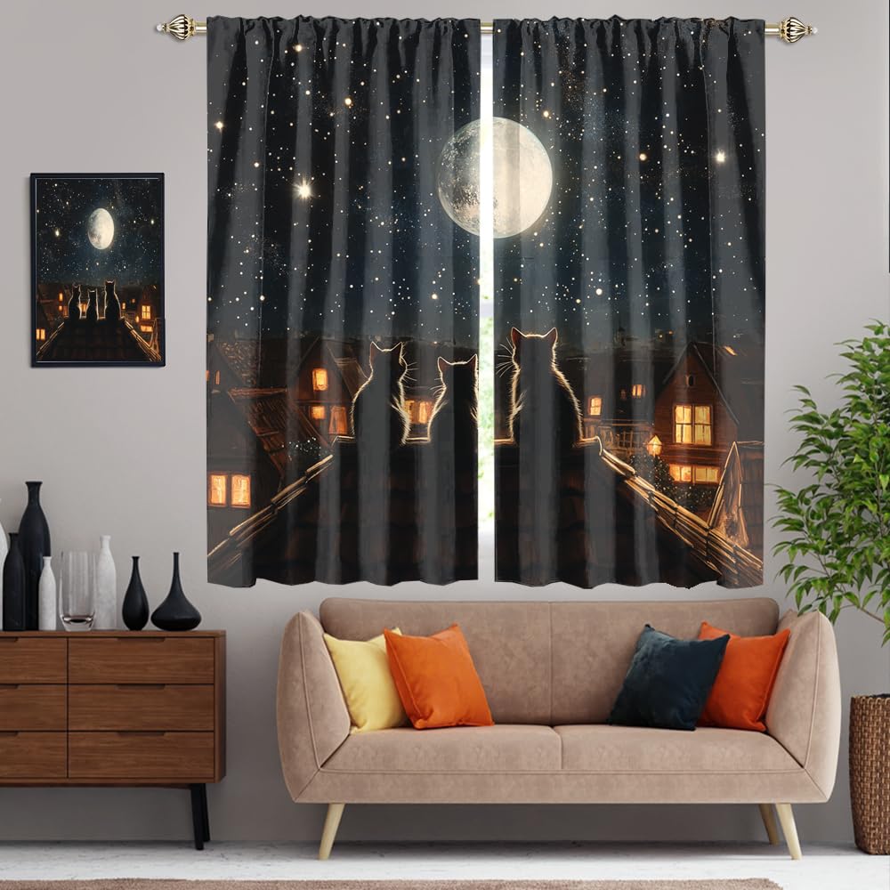 FBMLBRB Cute Cartoon Animals Cat Curtains,Modern Farm Animal Black Cats Full Moon Window Treatment Blackout Curtains Rods Pocket Curtains-45 L x 21" W x 2 Panels (Blackout)
