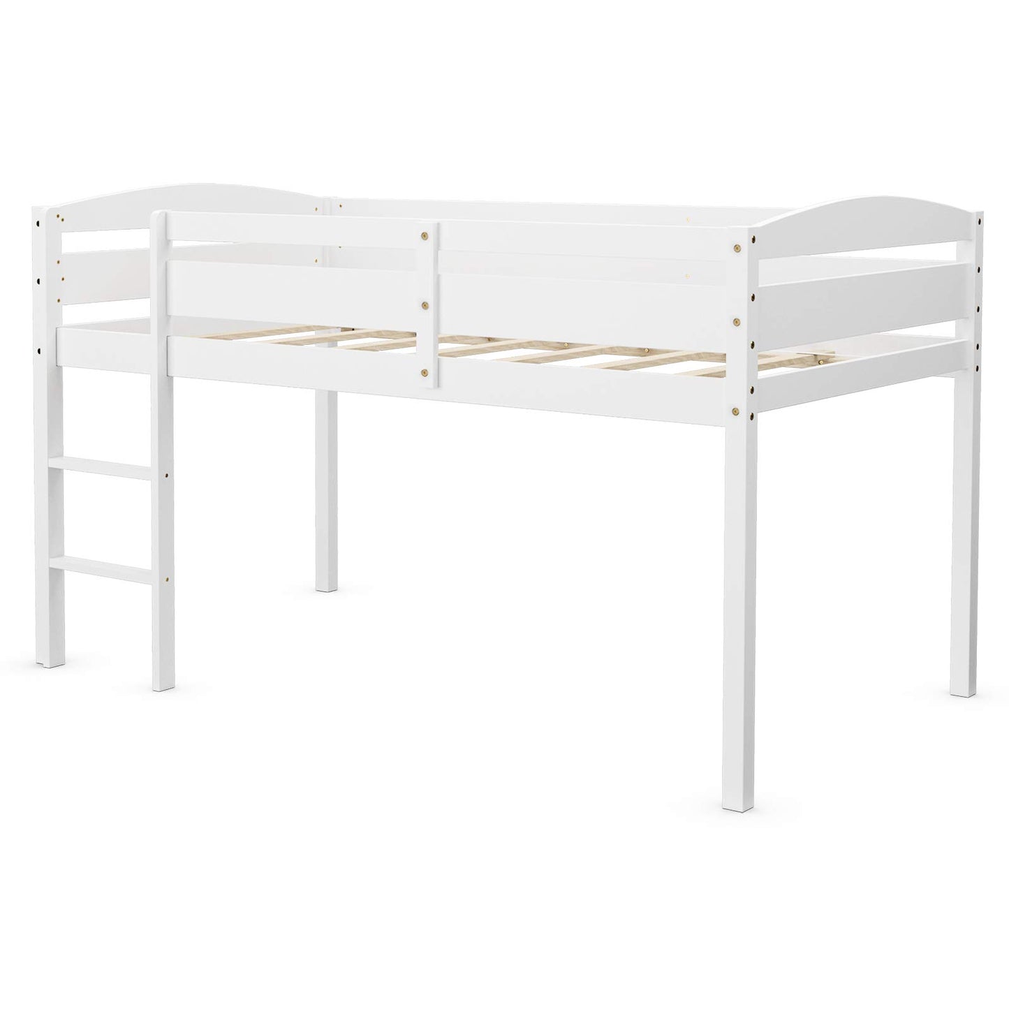 Costzon Twin Loft Bed, Solid Wood Low Loft Bed w/Guard Rail and Ladder, Boys & Girls Twin Bed for Kids Room, No Box Spring Needed, Classic Children Low Loft Bed with Storage for Bedroom, White