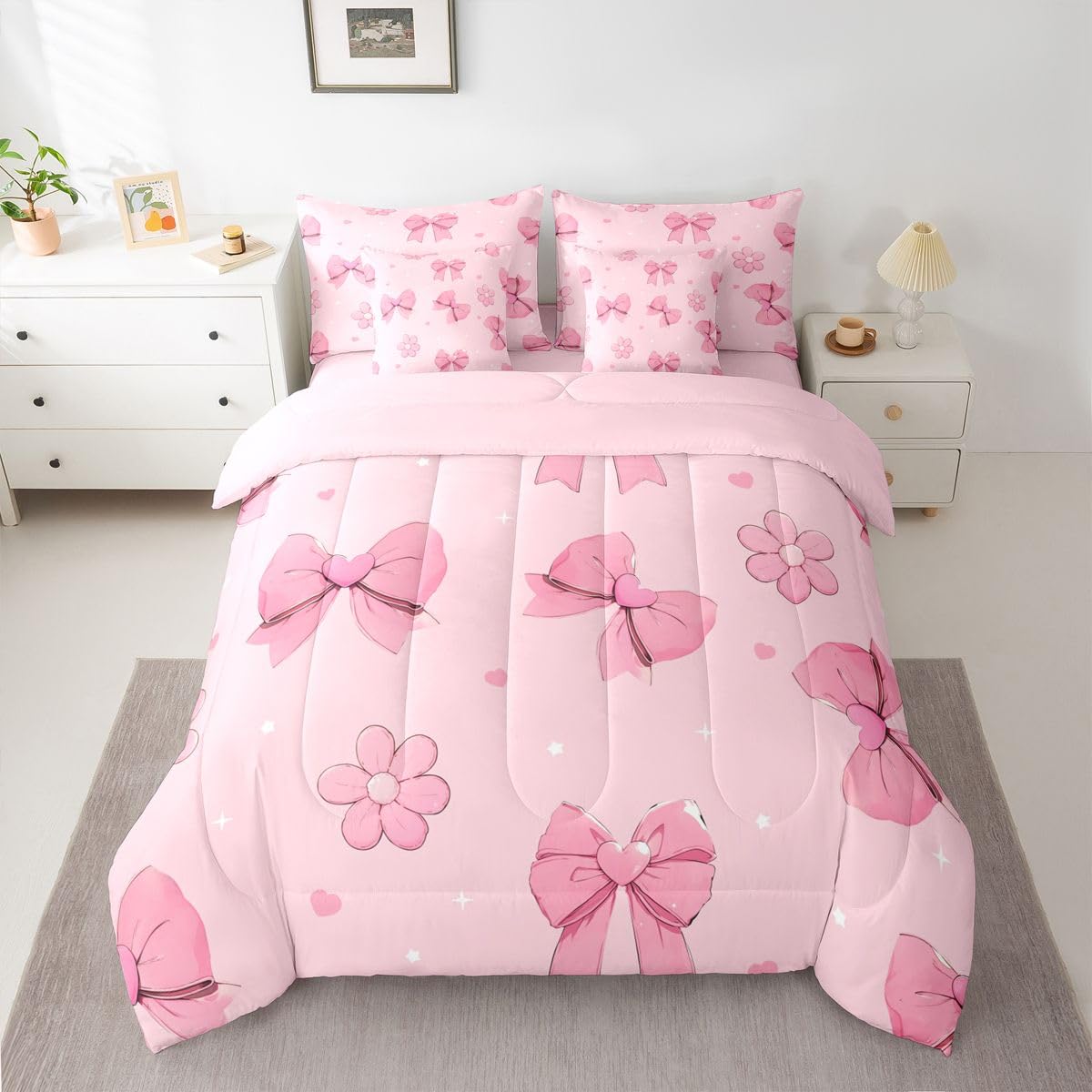 Erosebridal Pink Bows 7 Piece Comforter Set King Size Girly Bowknot Bedding Set for Kids Girls Bedroom Pink Bows Comforter with Sheets Microfiber Bow Ribbon Heart Pattern Quilt Set Flower Bed Set