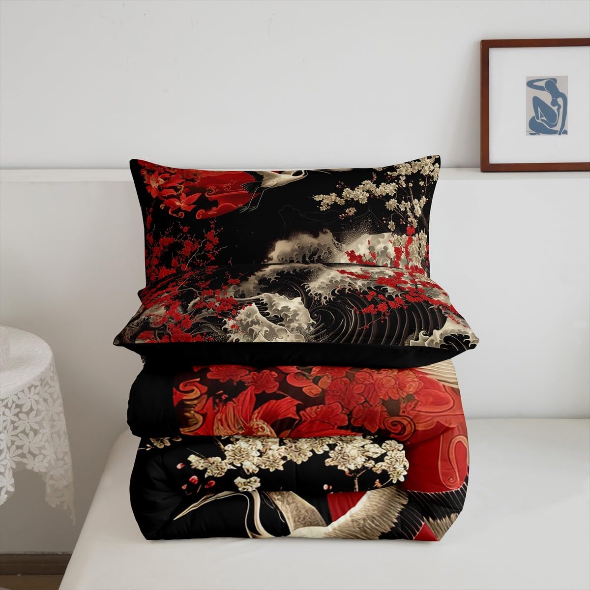 Erosebridal Oriental Cherry Blossoms Bedding Full Size Japanese Asian Print Comforter Set Full, Black and Red Duvet Insert Chic Crane Quilt Comforter, Ocean Waves Bedding Comforters & Sets