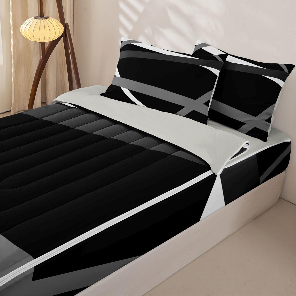 Erosebridal Gray Black White Striped Zippered Comforter Set for Adult Women Men - Modern Abstract Zipper Bedding Set Twin Size Geometric Lines Bed in a Bag Aesthetic Boho Comforter with Sheets
