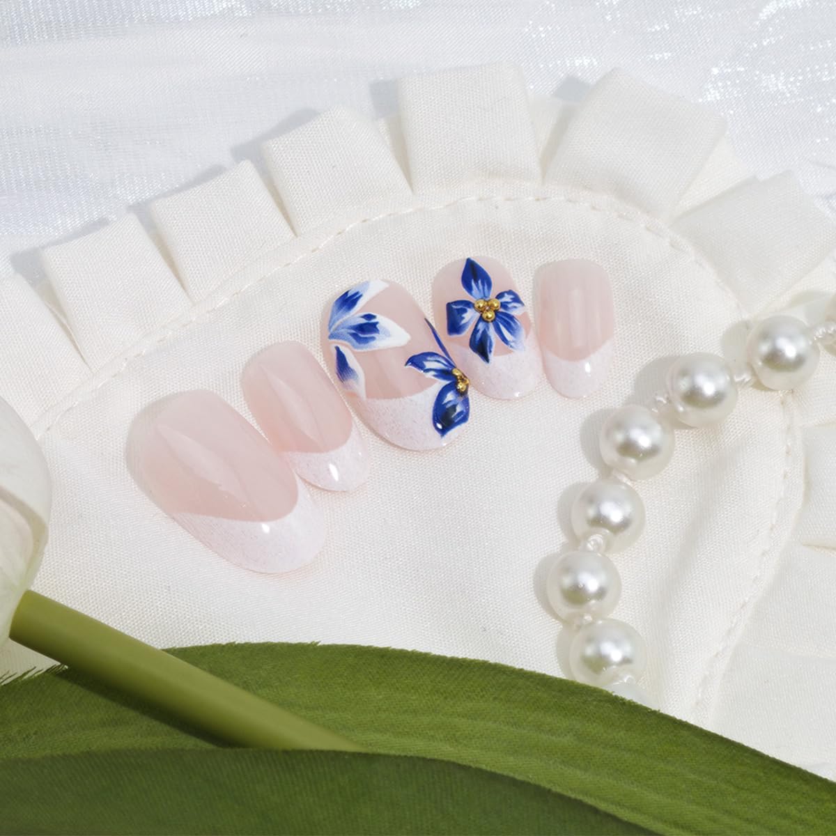 24Pcs Blue Flower Press on Nails Medium Almond Fake Nails with 3D Gold Rhinestones Designs White French Tip Stick on Nails Spring False Nails Glossy Glue on Nails for Women Acrylic Artificial Manicure