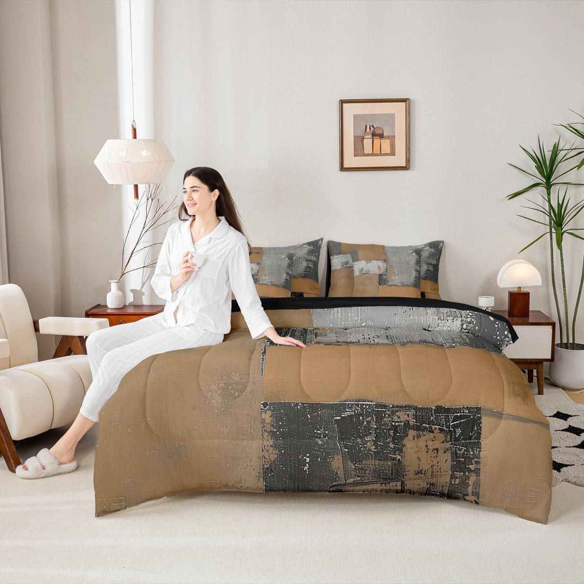 Feelyou Abstract Comforter Set King Size 7 Pieces Modern Abstract Art Bedding Set Luxury Bed in a Bag with Comforter, Sheets, Pillowcases, Cushion Covers Geometric Bedroom Decor Gray Brown