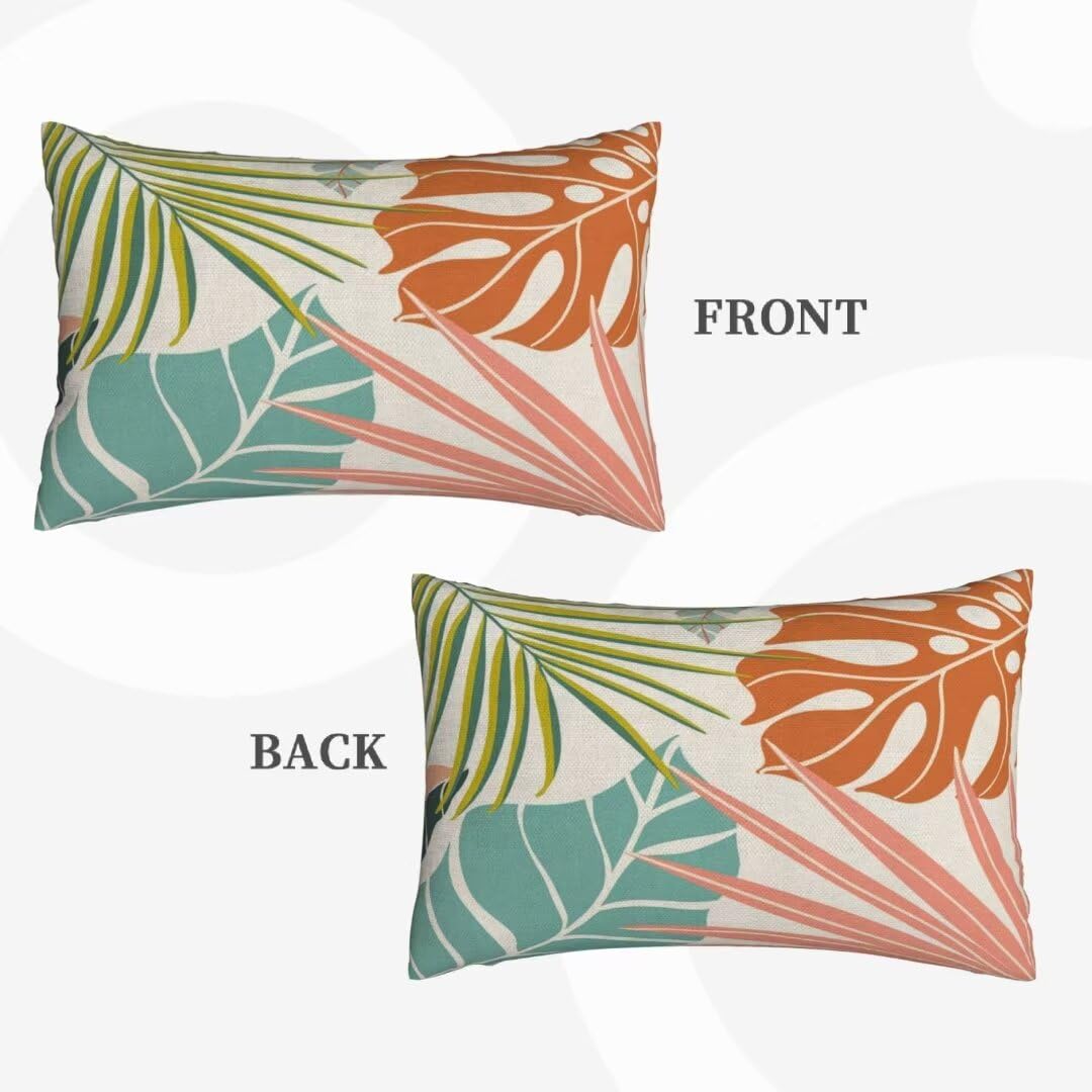 Summer Palm Leaf Pillow Covers 12x20 Set of 2, Coral Tropical Leaf Decorative Outdoor Throw Pillow Covers Green Blue Botanical Farmhouse Cushion Case Linen Square Decor for Home Couch Sofa