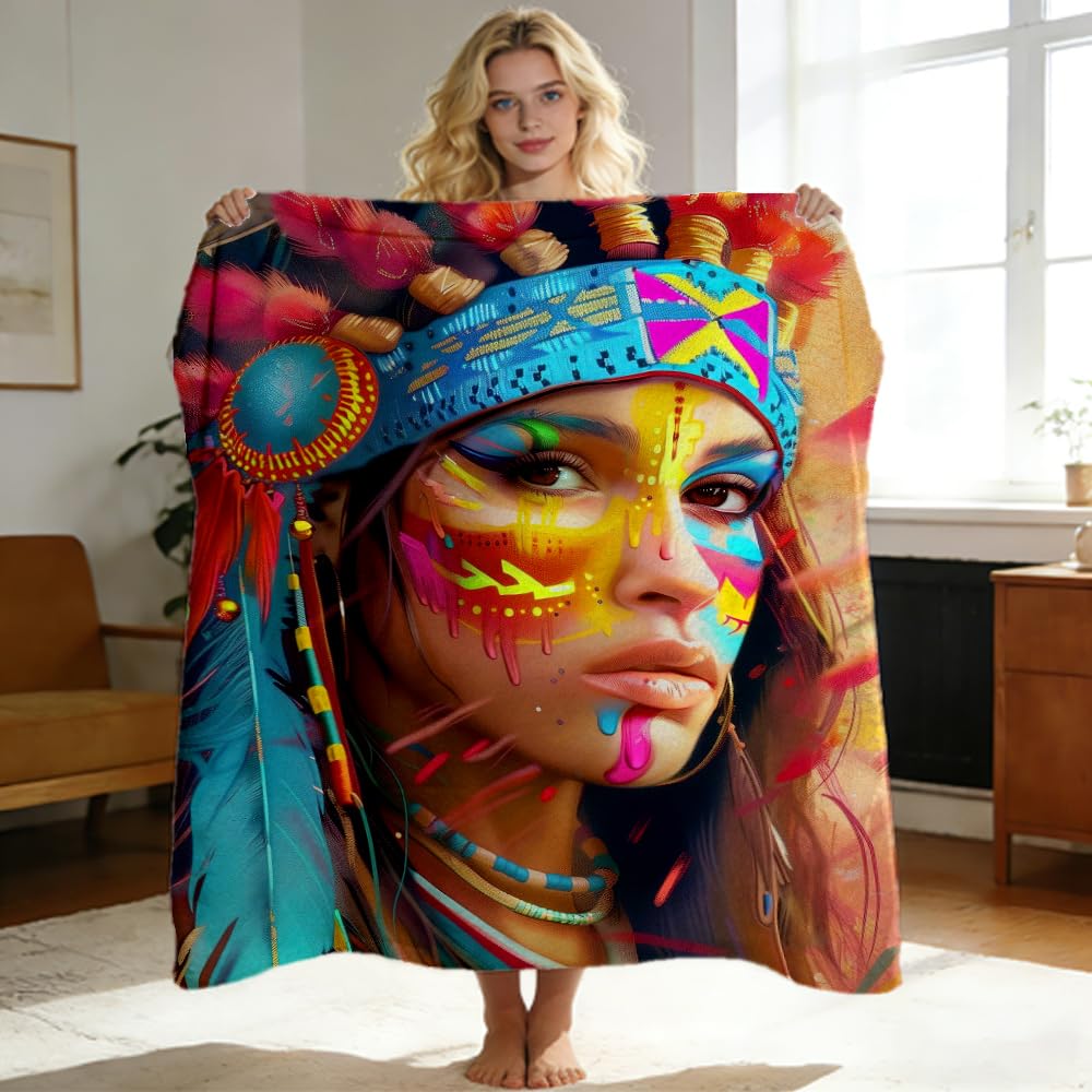 ZHOUSHUTONG Native American Throw Blanket Indian Tribal Chief Print Super Soft Warm Cozy Flannel Blanket for Couch Bedroom Office Southwest Cultural Home Decor Gift 49"x59"