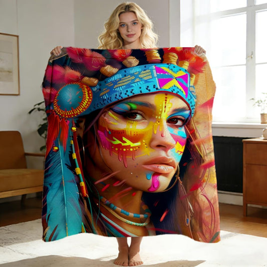 ZHOUSHUTONG Native American Throw Blanket Indian Tribal Chief Print Super Soft Warm Cozy Flannel Blanket for Couch Bedroom Office Southwest Cultural Home Decor Gift 49"x59"