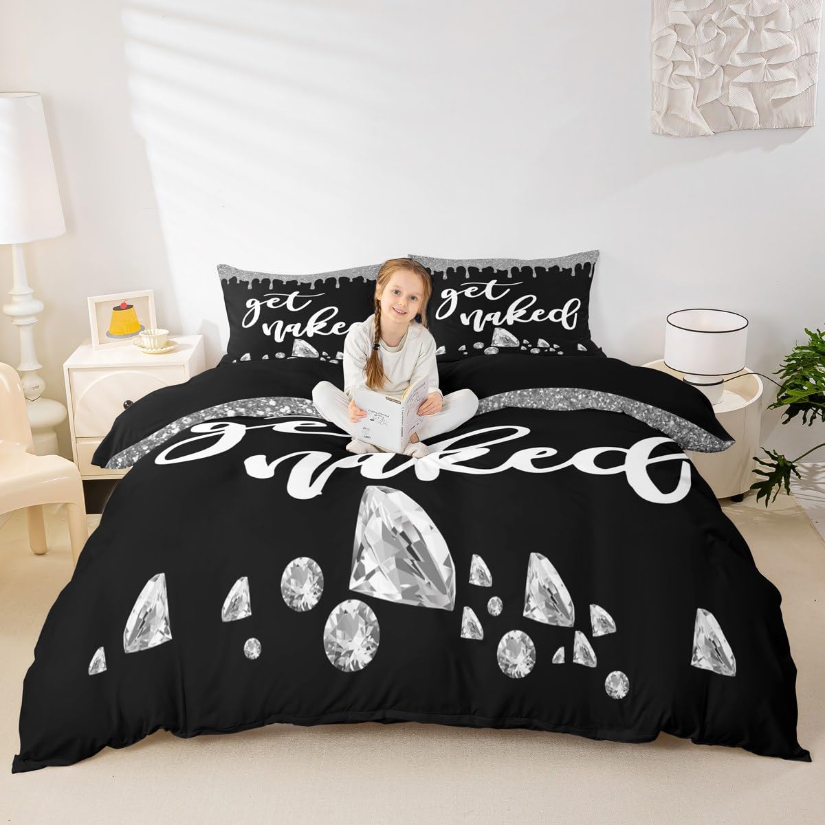 Get Naked Bedding Set King Size Silver Grey Black Glitter Duvet Cover for Kids Boys Girls Bedroom Decor Luxury Shining Diamond Comforter Cover Set Women Men Funny Quotes Modern Bed Set (No Comforter)