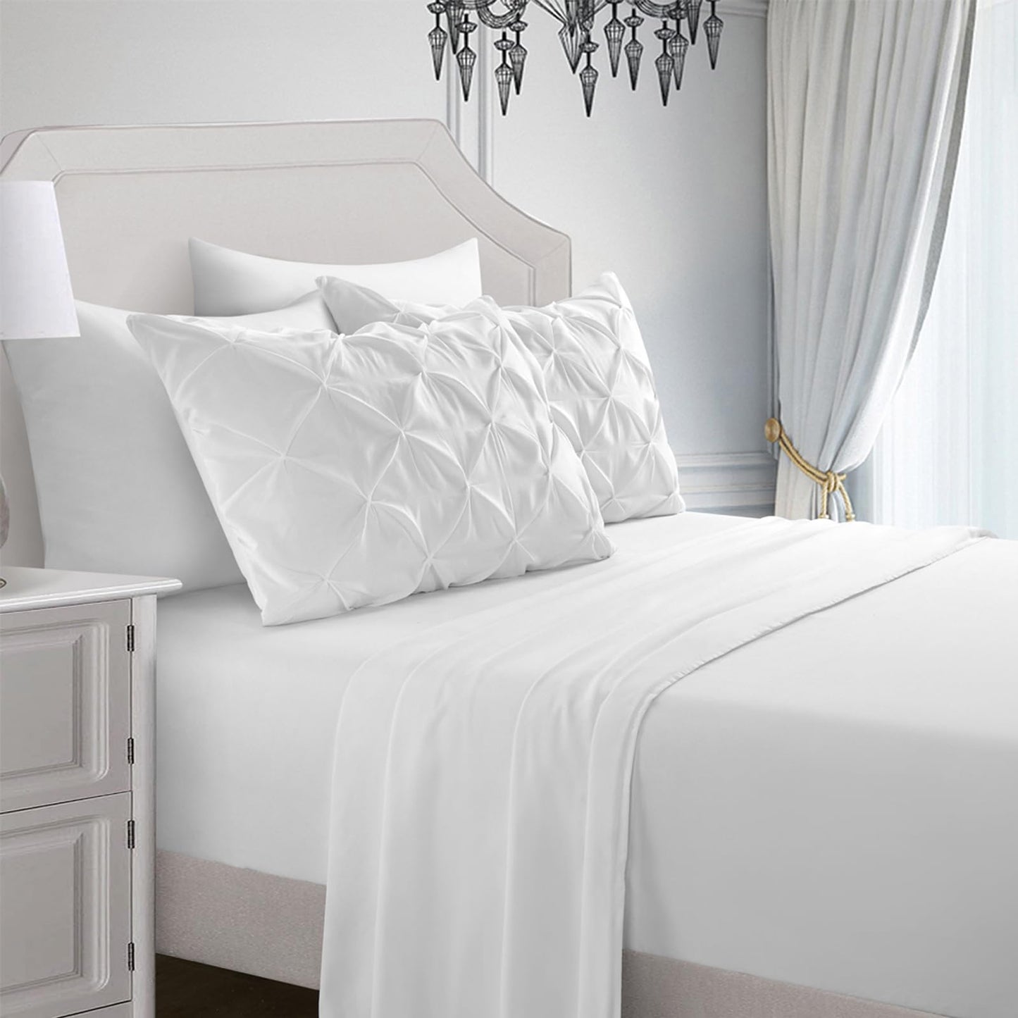 AiMay 6 PC Sheet Pillowcase Set Deep Pocket Double Brushed Microfiber Soft Durable Solid Color Wrinkle Free 1 Flat Sheet 1 Fitted Sheet 2 Pillowcases 2 Pinch Plated Pillowcases(White, Queen)