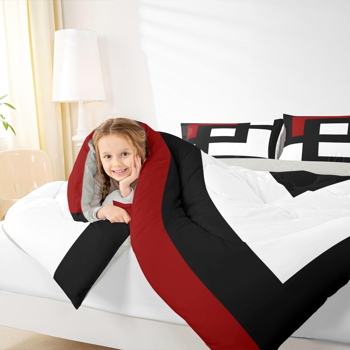 Erosebridal Red Black and White Striped Queen Comforter Set for Adult Women Men Square Abstract Bedding Set Modern Geometric Stripes Bold Lines Bed Set Minimalist Stylish Plaids Quilt Set