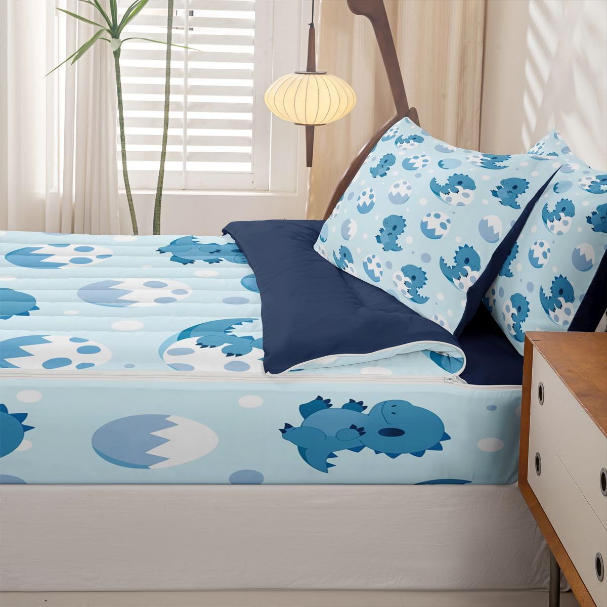 jejeloiu Boys Dinosaur Zipper Bedding for Kids Twin Size Blue White Dino Bed in a Bag with Sheets, Comforter, Pillowcases Dinosaur Pattern Comforter Set for Boys Girls Bedding Sets Durable