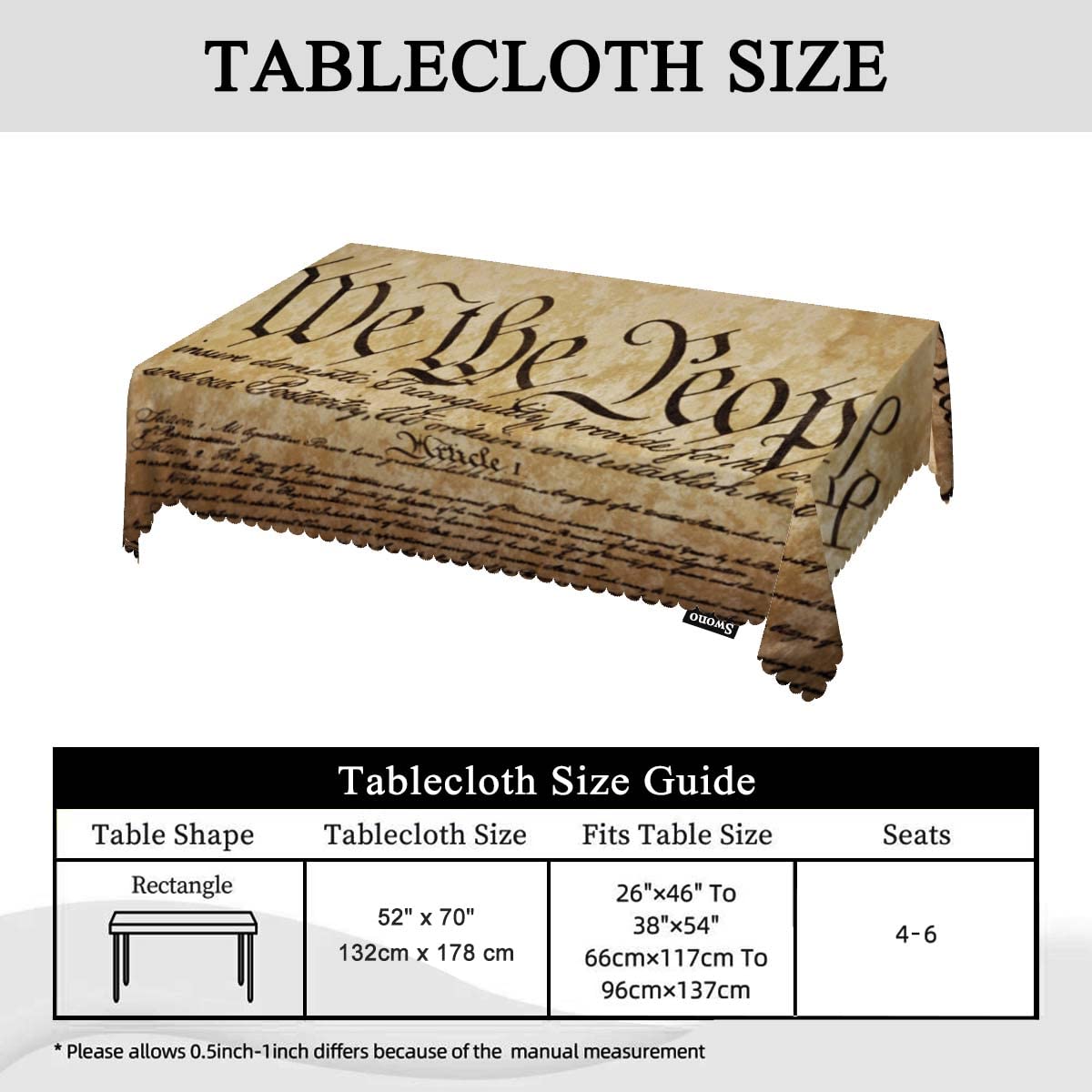 Swono Constitution Rectangular Tablecloth Retro United States Constitution We The People Washable Table Cloth Kitchen Dining Room Table Cover for Party Dinner 50x72 Inch Tablecloths