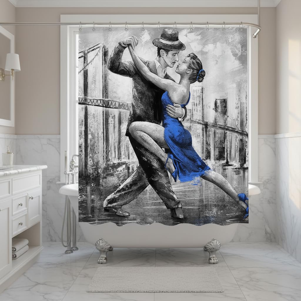 Conipit Dancing Couple Shower Curtain Black White Blue Shower Curtains Romantic Bathroom Curtain Waterproof Polyester Fabric 72"X72" with Hooks