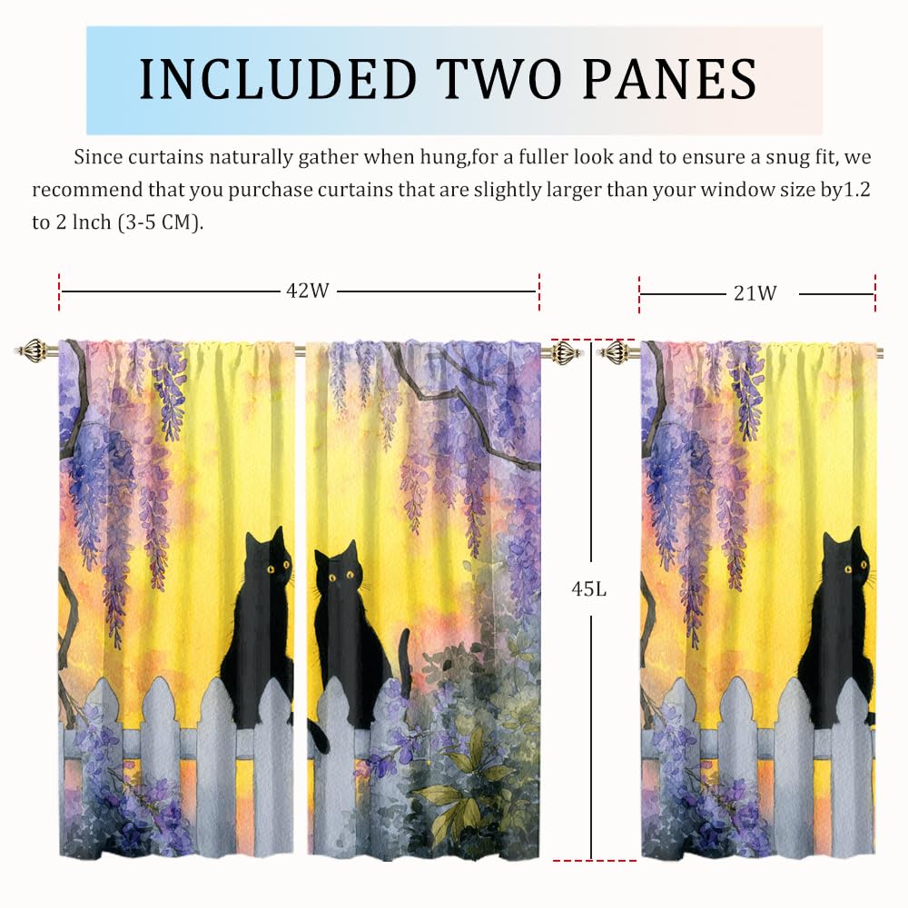 XSUPFLYM Cute Beautiful Black Cat Window Thermal Curtain for Living Room Colorful Modern Spring Garden Animal Black Cats Plant Lilac Floral Blackout Curtains for Bedroom 2 Panels Each 21" W x 45" L