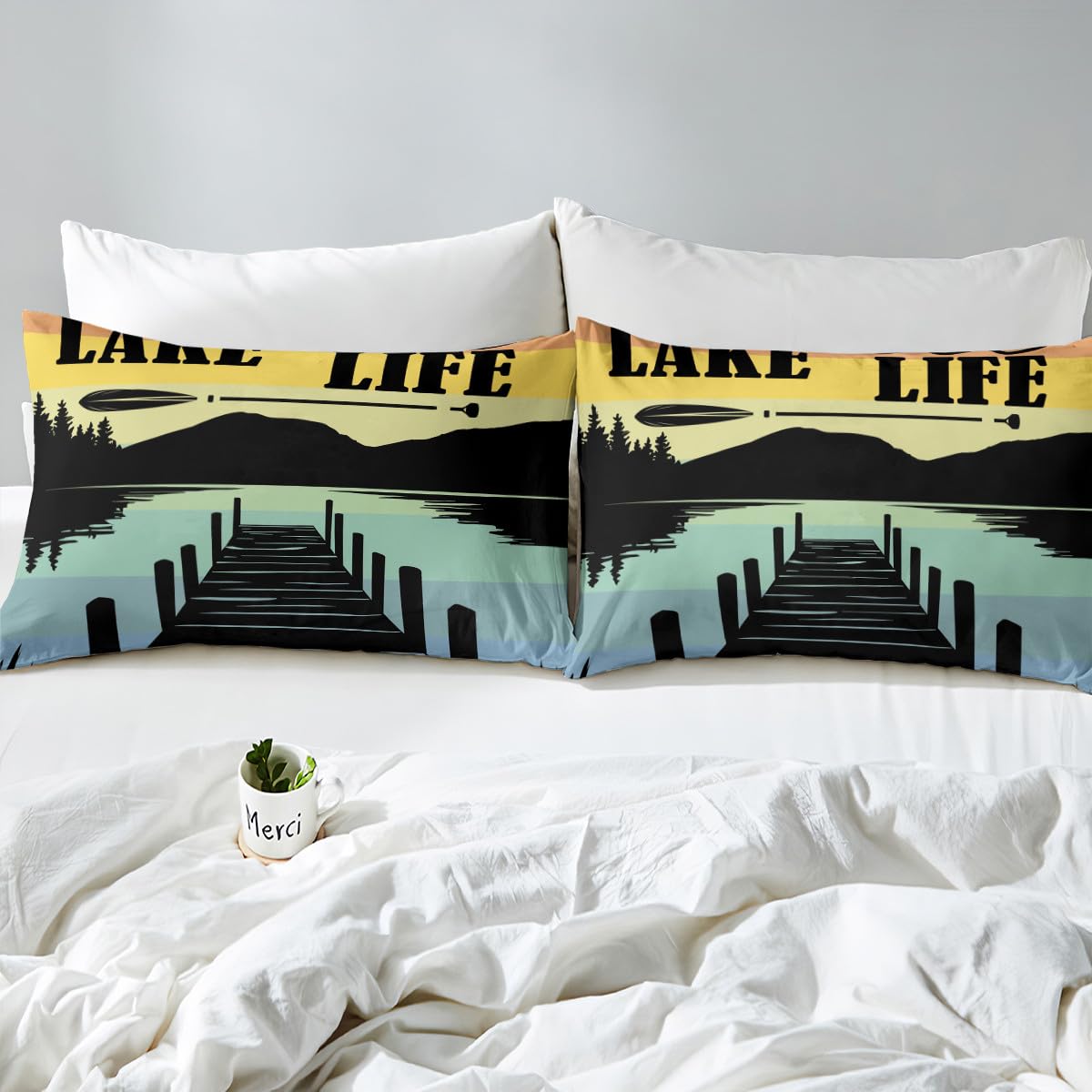 Lake Life Kids Fitted Sheet Twin Size,Adventure Camping Lake House Fishing Bedding Set,Boys Girls Room Decor,Rustic Cabin Outdoor Nature Bed Cover,Blue Black Bed Sheet,1 Pillowcase(No Top Sheet)