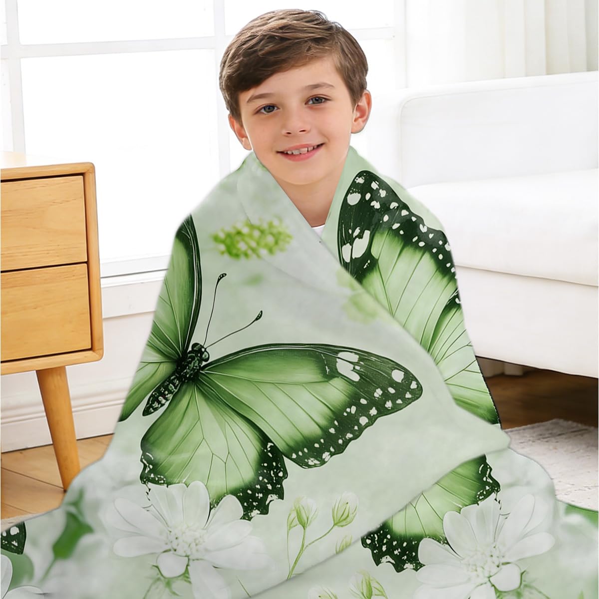 HUNXIAOJ Butterfly Throw Blanket for Couch Bed Green Girls Blanket Butterfly Decor Flannel Gift for Women Kids Girls Bedroom Living Room Home Decor 49"x59"