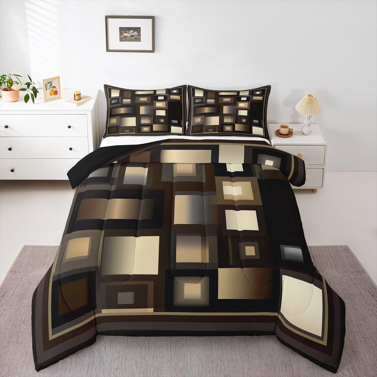 Castle Fairy Modern Comforter Set Queen Size,Brown White Khaki Square Bedding Set for Kids Boys Girls Bedroom Decoration,Abstract Grid Art Bed Duvet Insert,Geometric Comforter with 2 Pillowcase