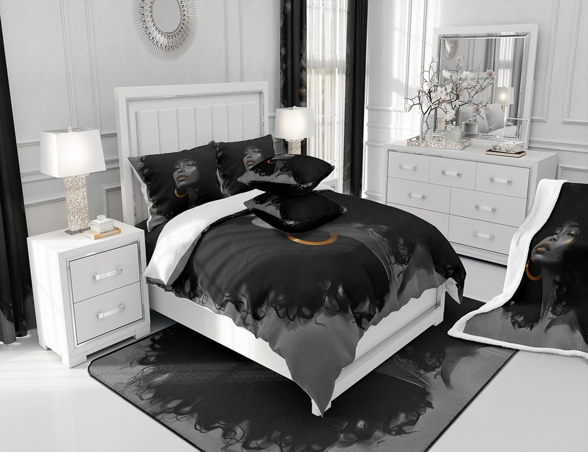 African Style American Woman Comforter Set Queen Size,Afro Pretty Princess Bedding Set,Black Cute Girls Quilt Set for Kids Girls Teens Room Decor Fashion Beauty Style Duvet Insert 3Pcs,2 Pillowcases