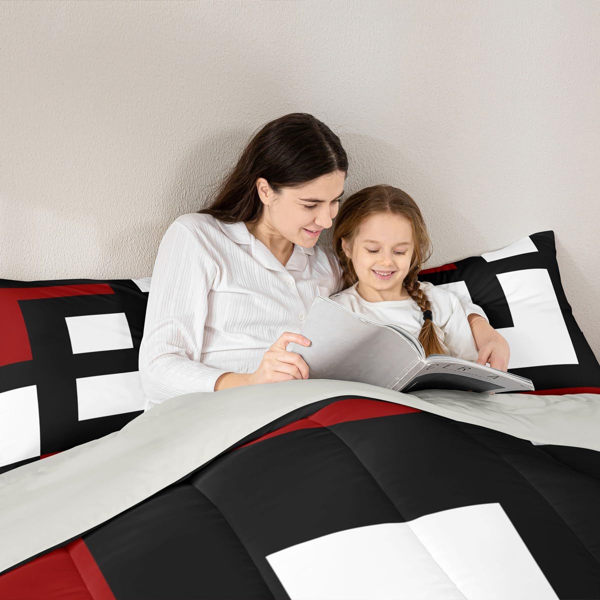 Erosebridal Red Black and White Striped Queen Comforter Set for Adult Women Men Square Abstract Bedding Set Modern Geometric Stripes Bold Lines Bed Set Minimalist Stylish Plaids Quilt Set