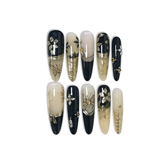 TENPAL Chinese Press On Nails With Tools,Black Gold Ink Butterfly Designs Fake Nails Long Stiletto,Hand-Painted Vintage French Tip Glue on Nails,Glitter Glossy Acrylic False Nail Tips for Luxury(S)