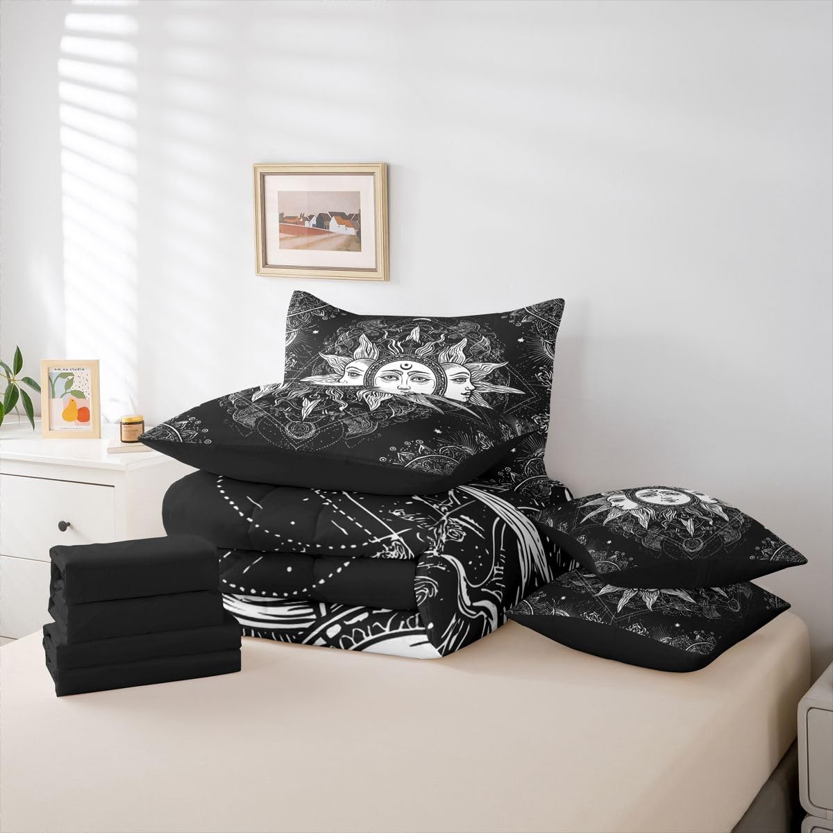 Erosebridal Bohemian Black and White Bed in a Bag Queen Comforter Set 7-Piece | Sun and Moon Bedding Sets Boho Floral Paisley Damask Comforter and Sheet Set, Tribe Exotic Mandala Room Decor