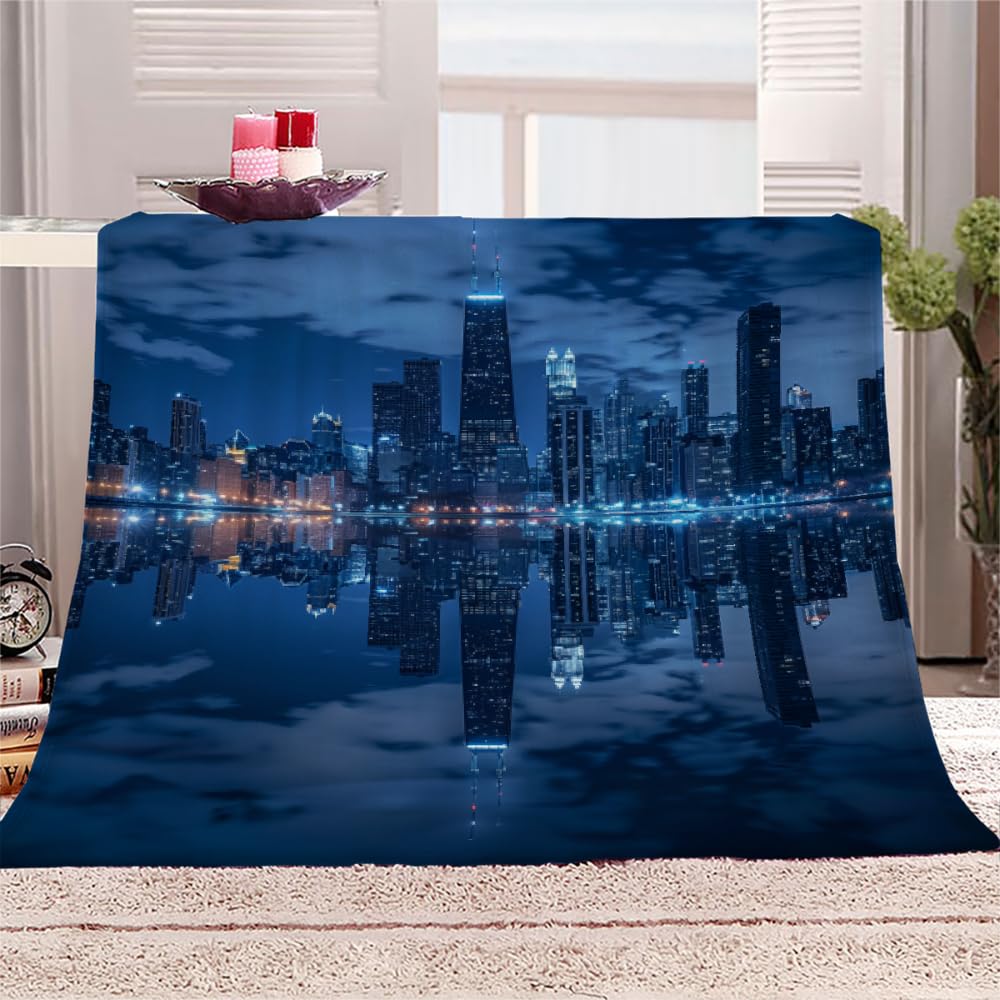 PAOABIU City Landscape Blanket Throw, New York Throw Blanket for Bed, Manhattan Midnight Breathable Warm Bed Throw, Cityscape Lightweight Fleece Blanket Throw 50"x 70" Camping & Travel Blanket