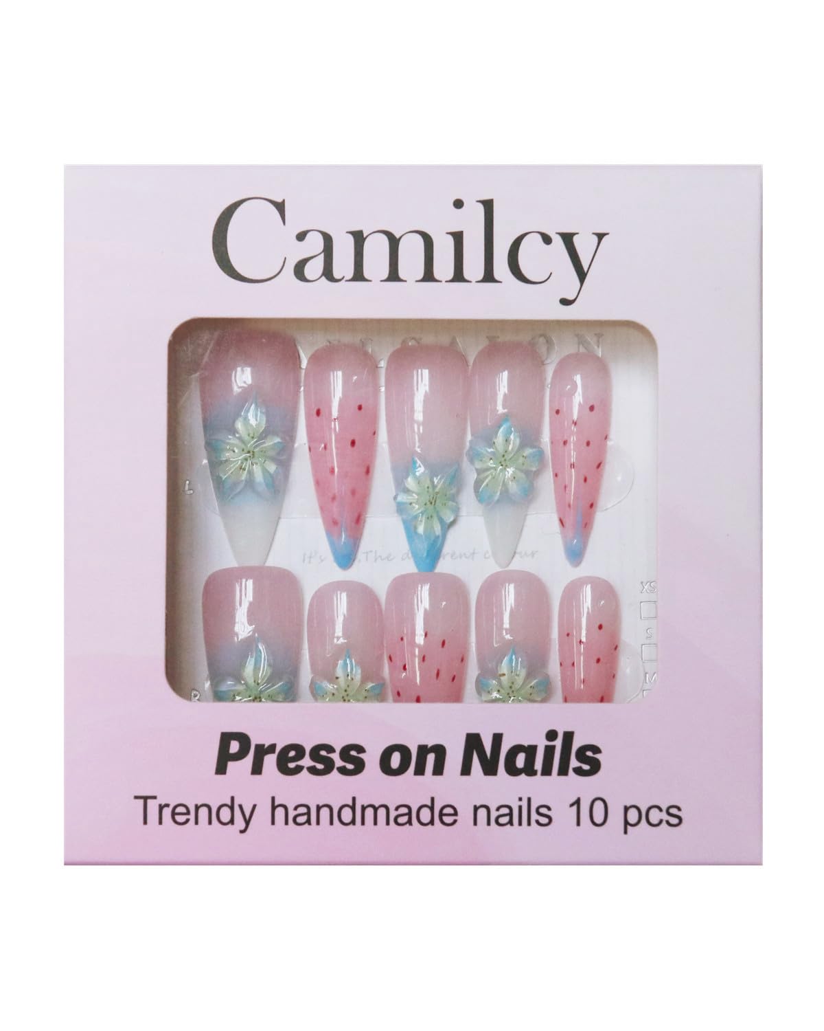 CAMILCY Luxury Handmade Press on Nails Pink Blue Gradient Stiletto nail Cherry Blossom Glitter Fake Nails with 3D White Flower Acrylic Glossy Reusable Elegant Artificial Nails for Women (A022, M)