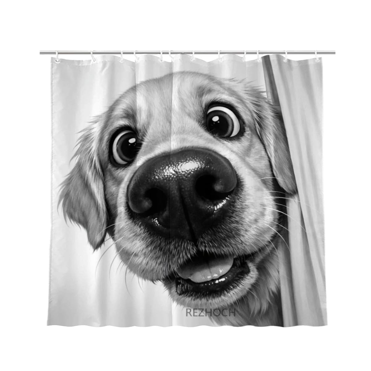 REZHOCH Funny Black and White Golden Retriever Shower Curtain 72x72Inch,Cute Animal Bathroom Decor,Modern Minimalist Grey Art Waterproof Fabric Kids Adults Bath Curtain Set with Hooks