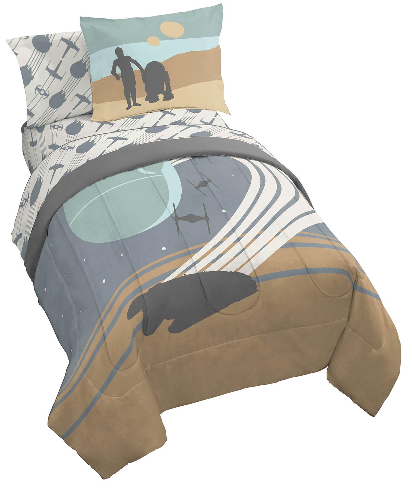Jay Franco Star Wars Twin Size Comforter Set - 5 Piece Bedding Includes Sheet Set & Pillow Covers - Super Soft Cozy Bedding with Death Star and Millennium Falcon