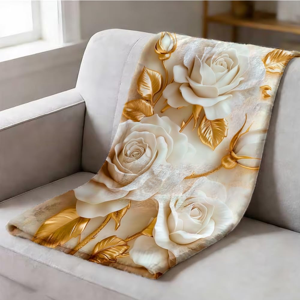 ZHOUSHUTONG White Gold Rose Floral Flannel Throw Blanket, Soft Cozy Warm Plush Blankets for Couch Bed Sofa, Elegant Flower Print Decorative Blanket, Gift for Women Girls 49"x59"