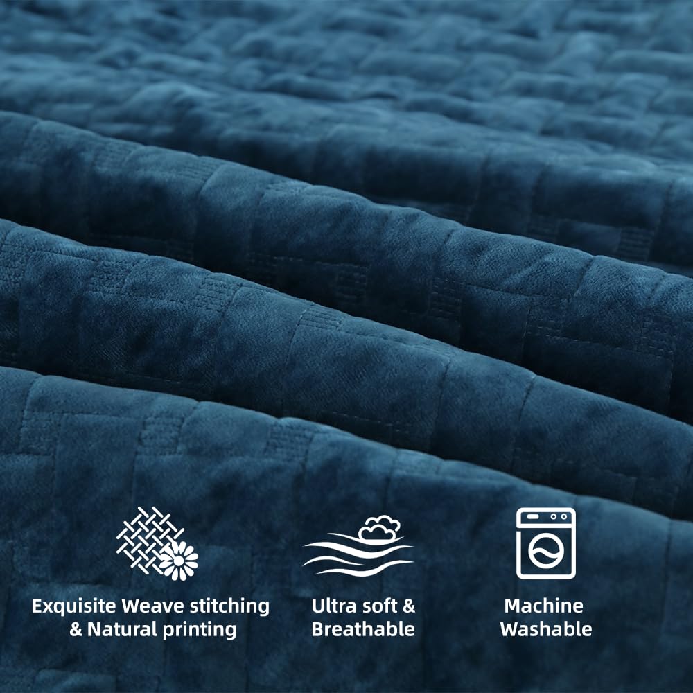 Liians Velvet Bedspread Quilt Bedding Sets,Luxury Elegant Ultra Soft Velvet Comforters Coverlet Blankets,Weave Stitching Pattern Cotton Quilted Bedspread for All Seasons,Azure Blue,King Size