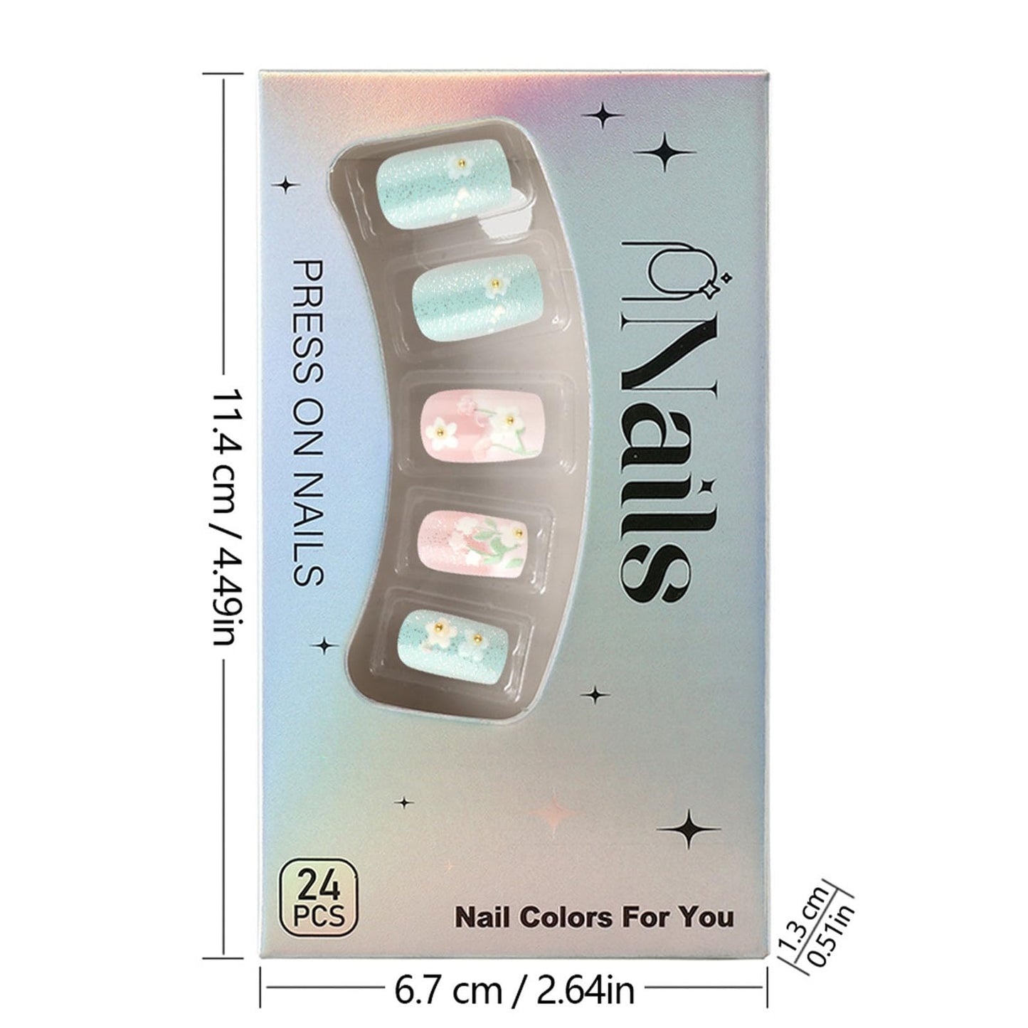 Medium Press on Nails Square White French Tip Fake Nails Blue Full Cover Nails Press ons Artificial Nails for Women 24Pcs with Flower Leaf Pearl Designs Light Pink Glue on Nails Glossy Stick on Nails