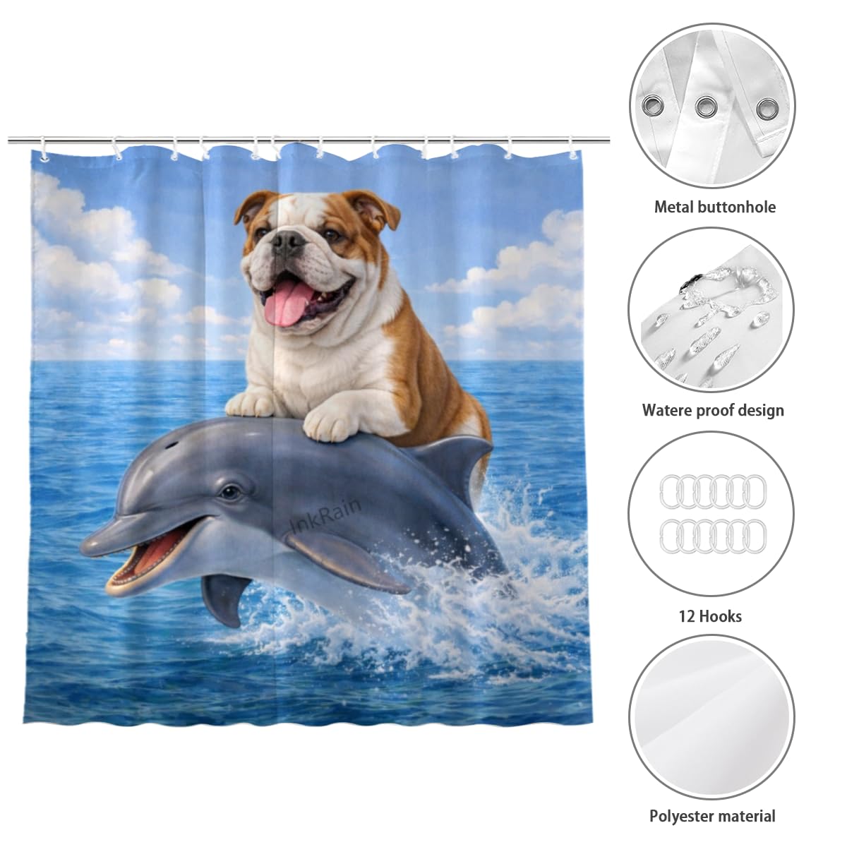 InkRain Ocean Bulldog Shower Curtain with 12 Hooks Cute Puppy Riding Dolphin Bathroom Decor Waterproof Polyester Fabric Coastal Beach Bath Curtain 72x72 Inch