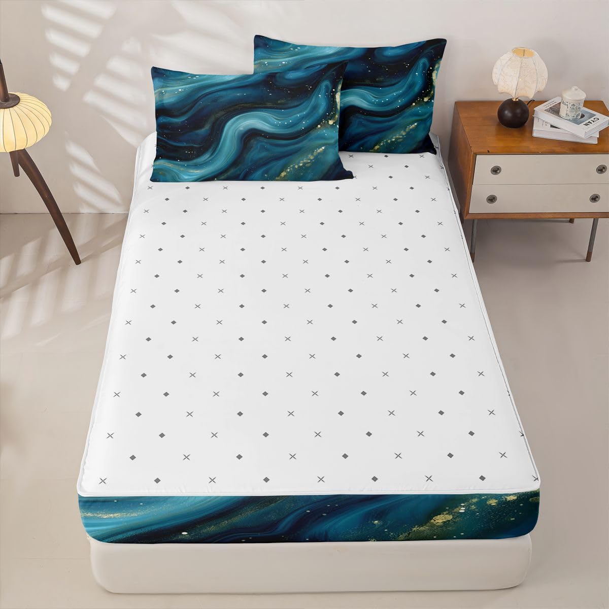 jejeloiu Marble Print Zipper Bedding Sets for Kids Boys Girls Abstract Twin Comforter Set with Fitted Sheet Teal Bedroom Decor Deep Ocean Wave Texture Microfiber with 2 Pillow Cases Luxury