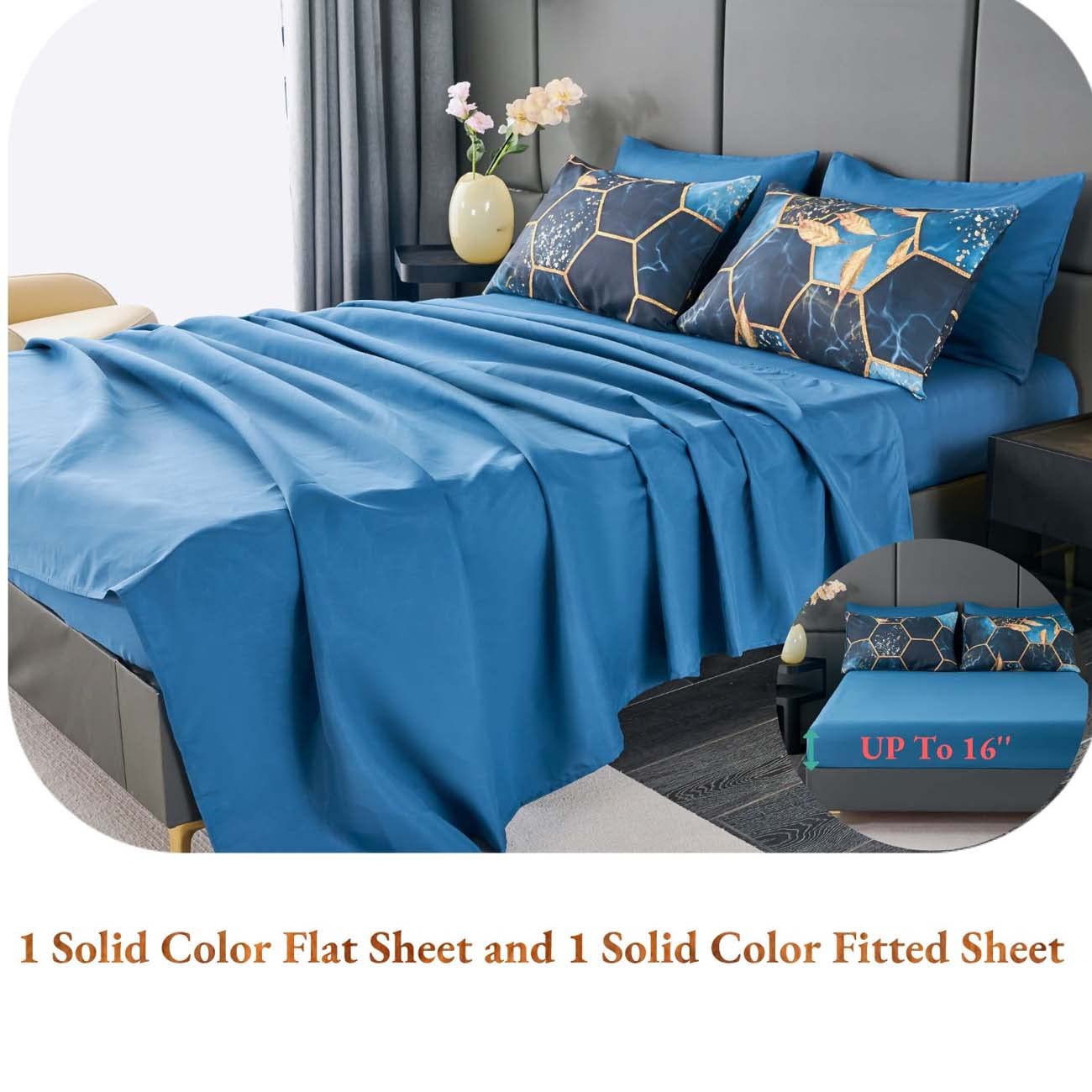 ANGIYUIN 7 Pieces Blue Gold Bed in A Bag Full Geometric Hexagon Theme Bedding Sets Gold Trim Comforter Set, Luxury Steel Blue Gold Foil Print Bed Sets with Pillowcases Sheets (Blue Full)