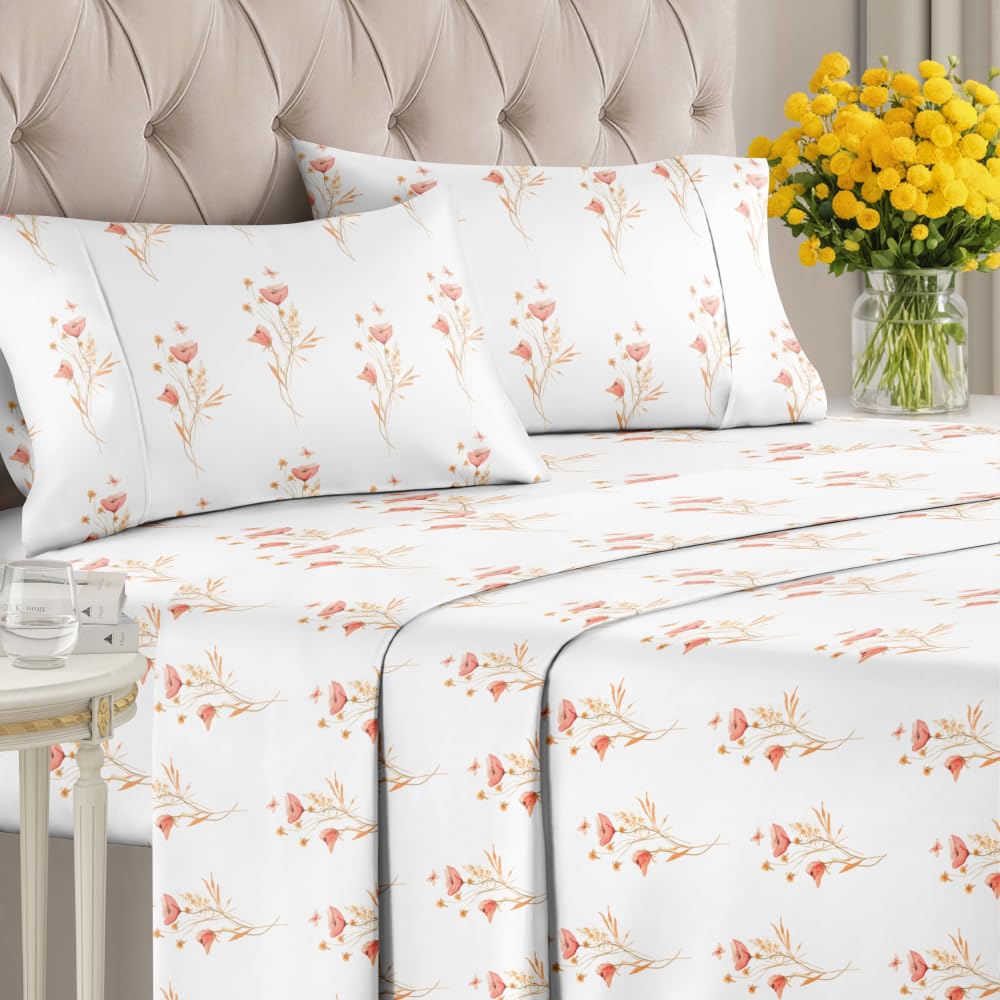 Floral Sheets - Pink Floral Butterfly Bed Sheet Set - 1 Flat & 1 Fitted & 2 Pillowcases w/ Deep Pockets - Wrinkle & Fade Free - Boho Botanical Bedding - Soft, Breathable and Cooling - King Size New