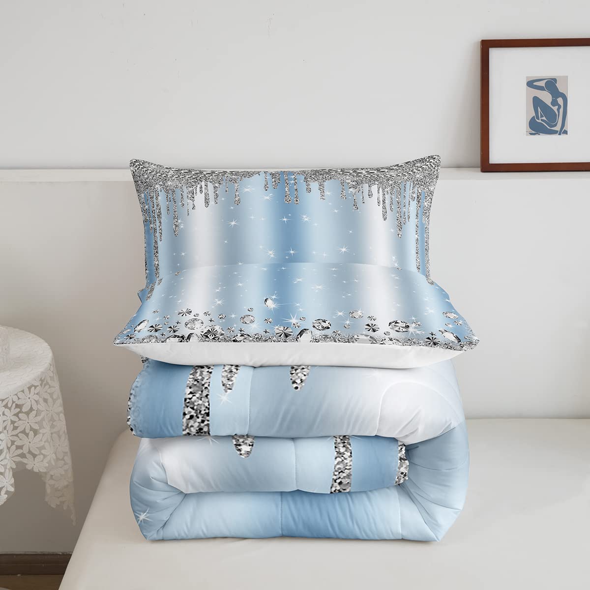Silver Glitter Bedding Set (No Glitter) Bling Party Decorations Sky Blue Comforter Set for Kids Boys Girls Teens Diamond Jewelry Quilted Duvet Room Decor Galaxy Sparkling Bedspread Queen,3pcs