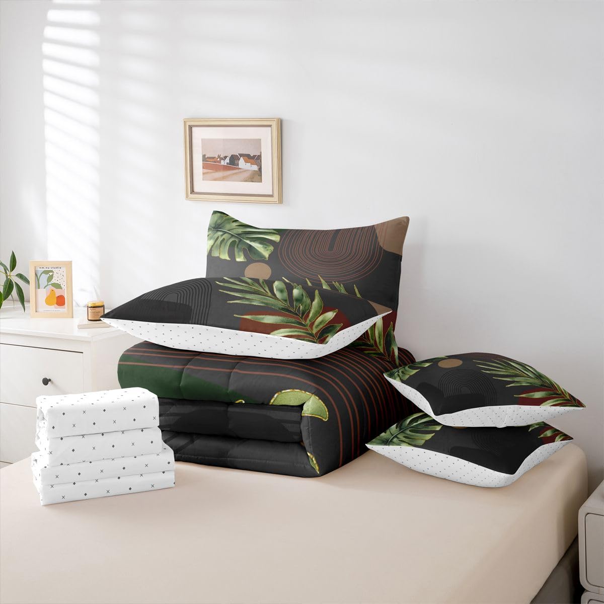Erosebridal Black Green Brown Boho Full Comforter Set with Sheets, Abstract Mid Century Simple 7 Pcs Bedding Set, Retro Tropical Leaves Bed in A Bag, Modern Minimalist Aesthetic Geometric Bed Sets