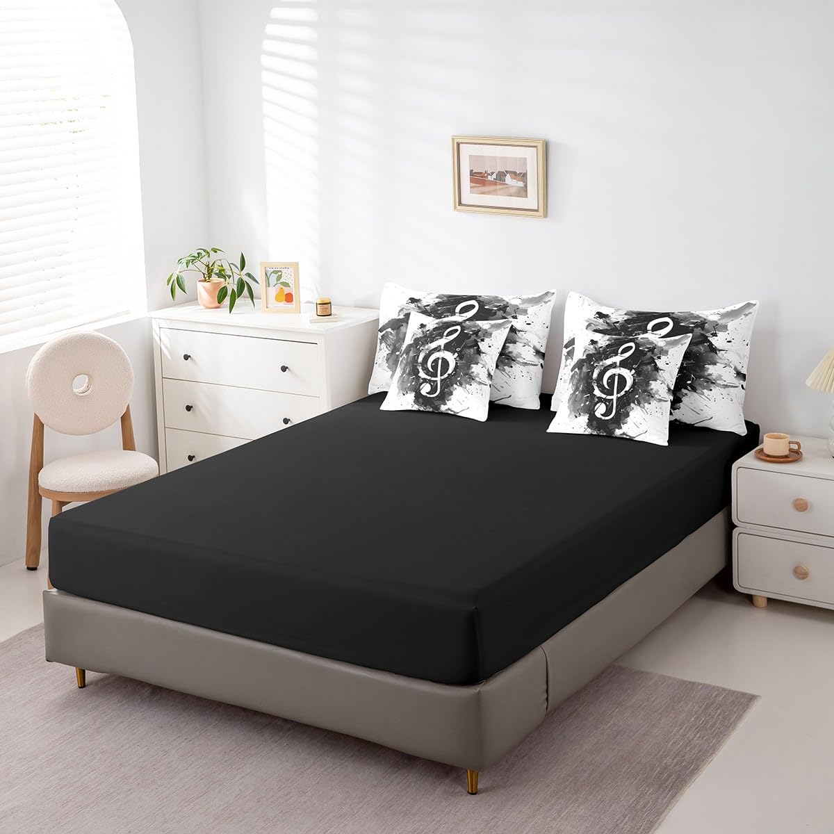 Feelyou Music Comforter Set with Sheets Queen Size Guitar Instruments Bed in a Bag for Boys Girls Teens Black White 7 Pieces Bedding Set Soft Lightweight Microfiber