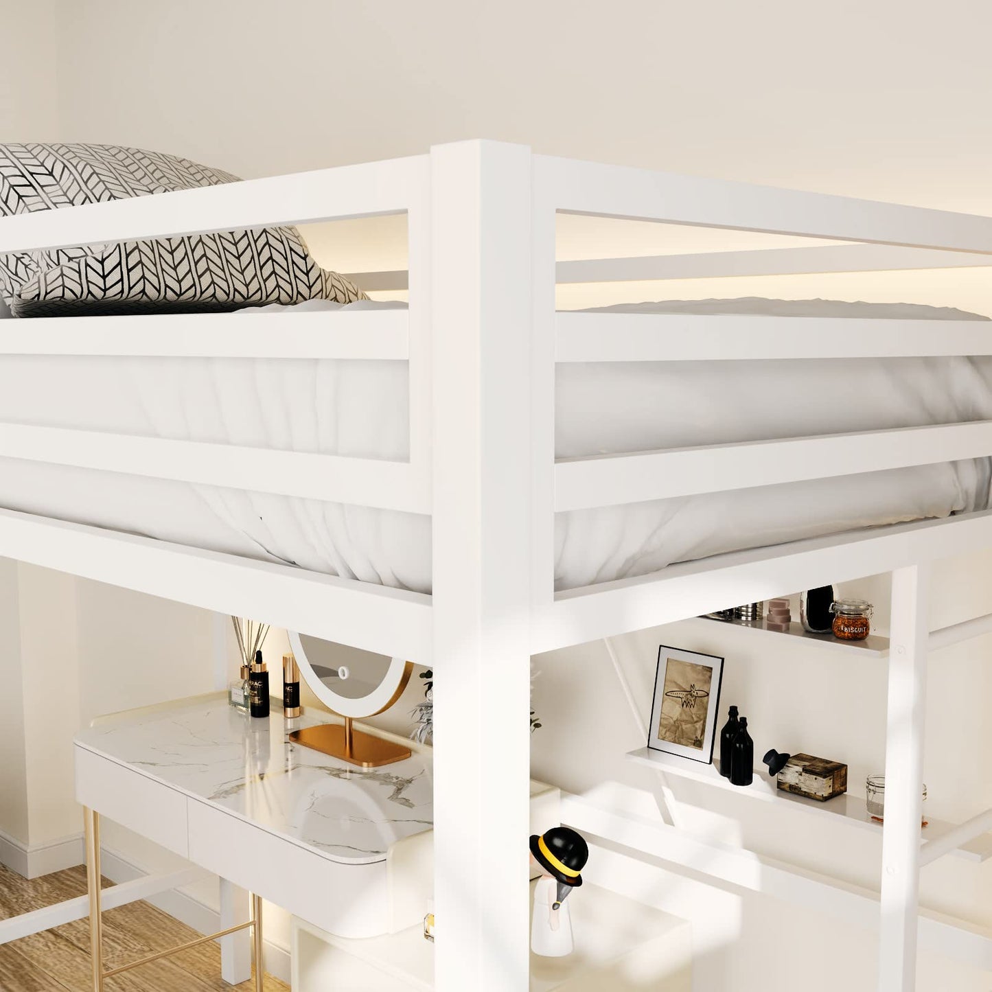 ikalido Metal Loft Bed Twin Size with Safety Guardrail and Ladder, No Box Spring Needed Space Saving Bedroom Furniture,Cream White