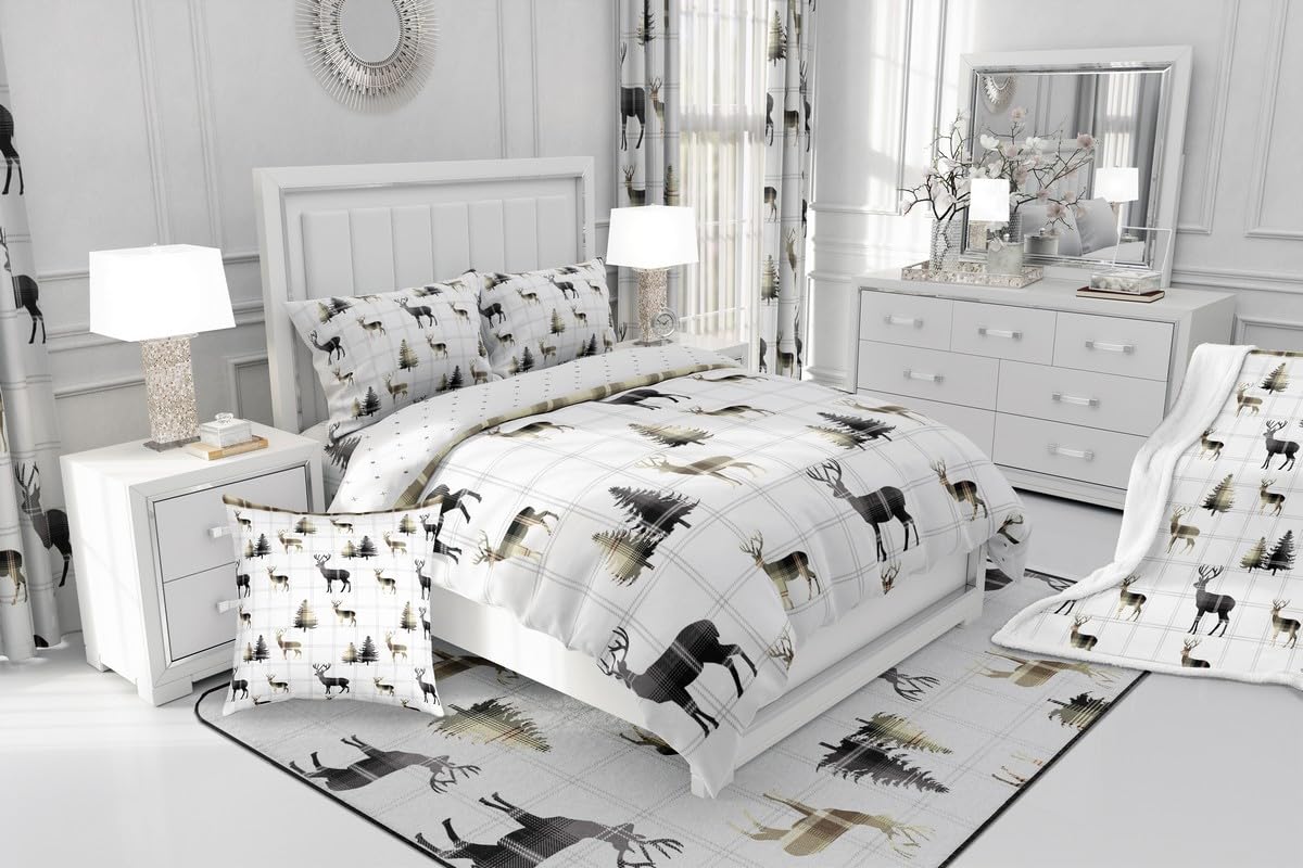 jejeloiu Cute Deer Comforter Set with Sheets 7 Piece Twin Size Antlers Bed in a Bag Kids Boys Girls Pine Tree Bedding Set Bedroom Decor Breathable Soft Lightweight Microfiber
