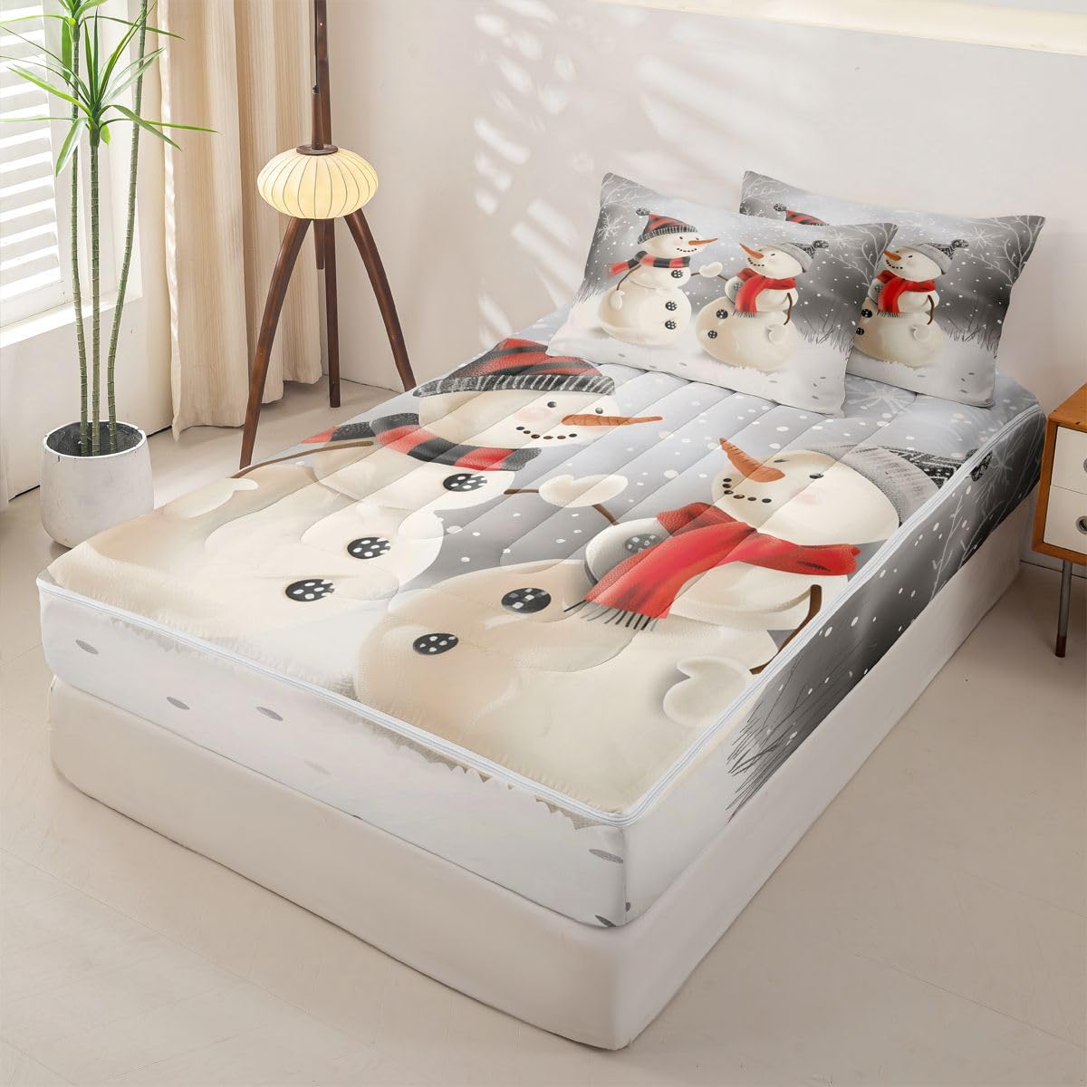 Erosebridal Cartoon Snowman Zippable Bedding, Xmas Twin Size Comforter Set, Cute Print Sheets and Pillowcases, New Year Zipper Bedding Set Room Decor