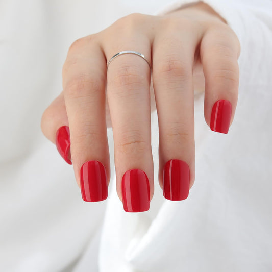 Stbisen Short Square Press On Nails, Glossy Solid Red Fake Nails, Classic Bright Red Full Cover Reusable Thick Natural Glue On Nails for Women, Suitable for Work, Daily Party Wedding Manicure, 30Pcs