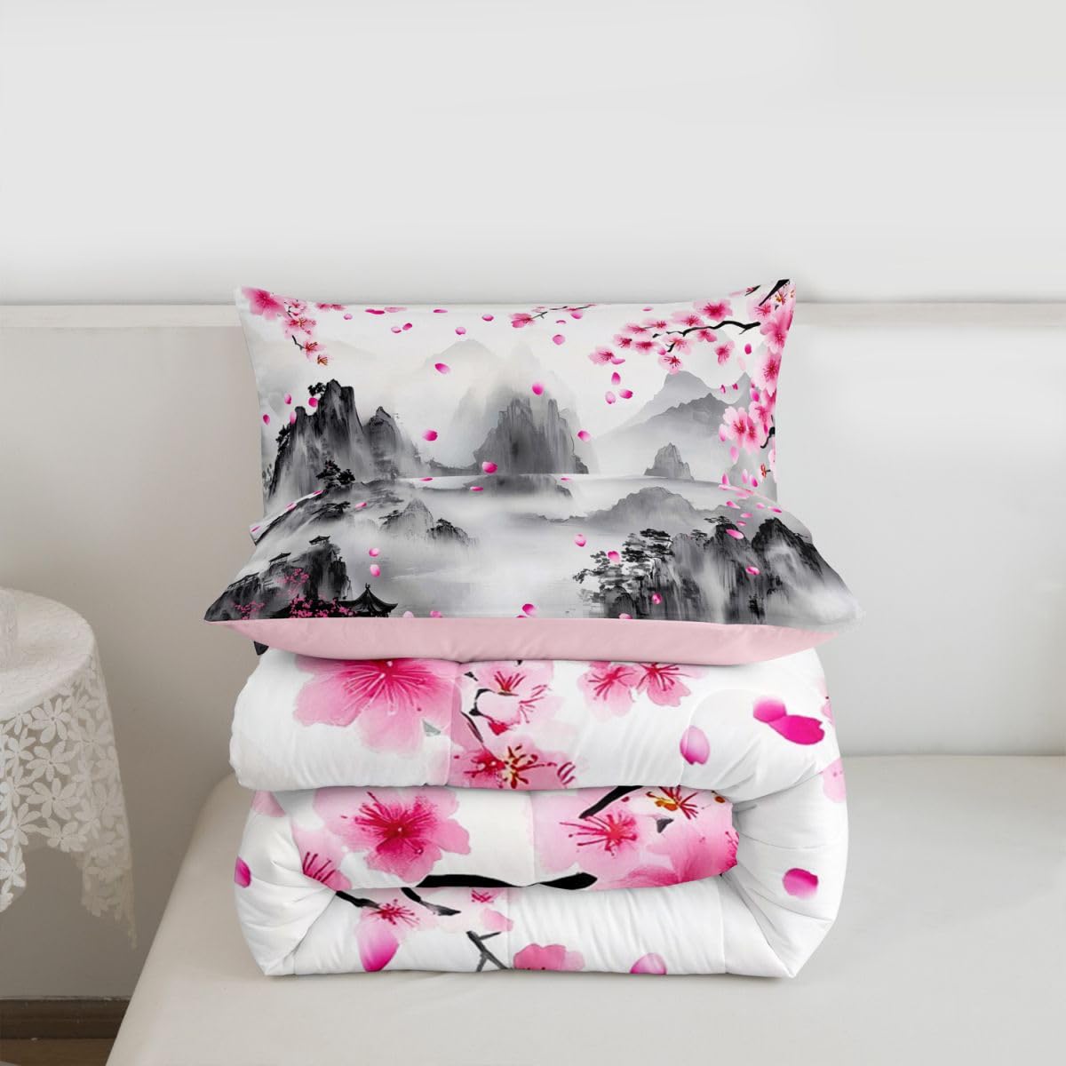 jejeloiu Chinese Ink Painting Comforter Set Queen Size Cherry Blossom Bedding Set for Kids Boys Girls Japanese Style Duvet Quilt Mountain Bedroom Decor Microfiber 3 Pcs with 2 Pillow Cases