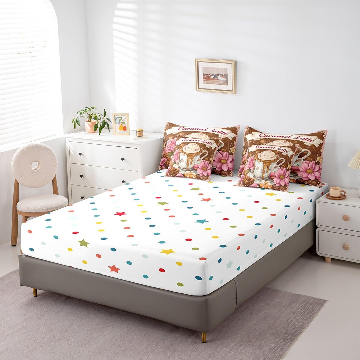 Erosebridal Caramel Lattle Bedding Set for Kids Teens,Afternoon Tea Comforter Set Full Size,Oil Painting Rose Daisy (Comforter+Fitted+Flat Sheet+2 Pillowcases+2 Throw Pillow Covers) 7 Pieces Bed Set