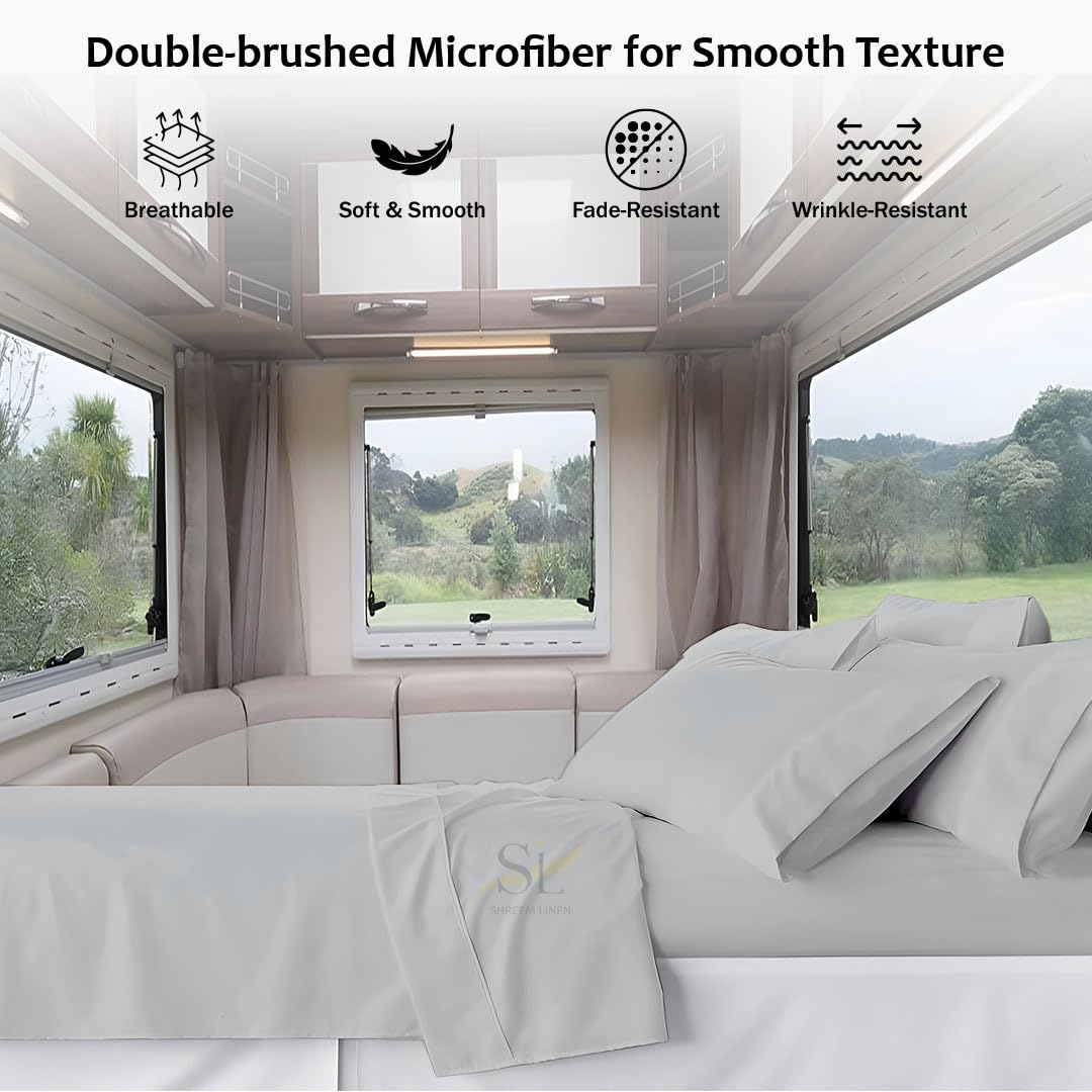 Shreem Linen Microfiber RV Sheet Sets, 48x75 3/4 Full Bunk, Light Grey Solid - Fits Mattresses up to 8 Inches Deep, 4 Piece RV Bed Sheets for Campers, Motorhomes, and Travel Trailers