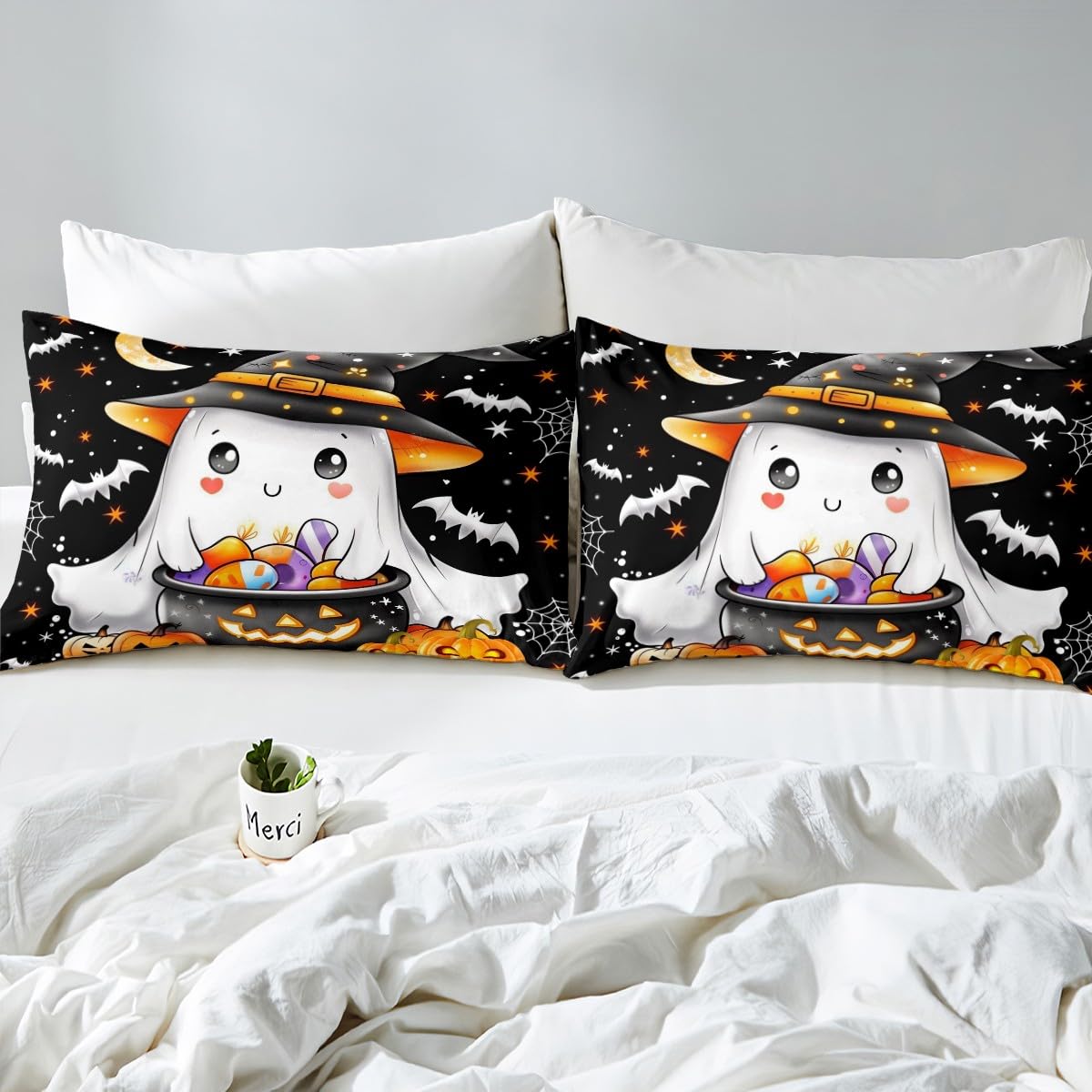Cute Witch Ghost Fitted Sheet 3 Pcs,White Bat Silhouette Polka Dot Soft Microfiber Sheets Breathable Bedding,Watercolor Pumpinks Candys Bedsheet with Deep Pocket
