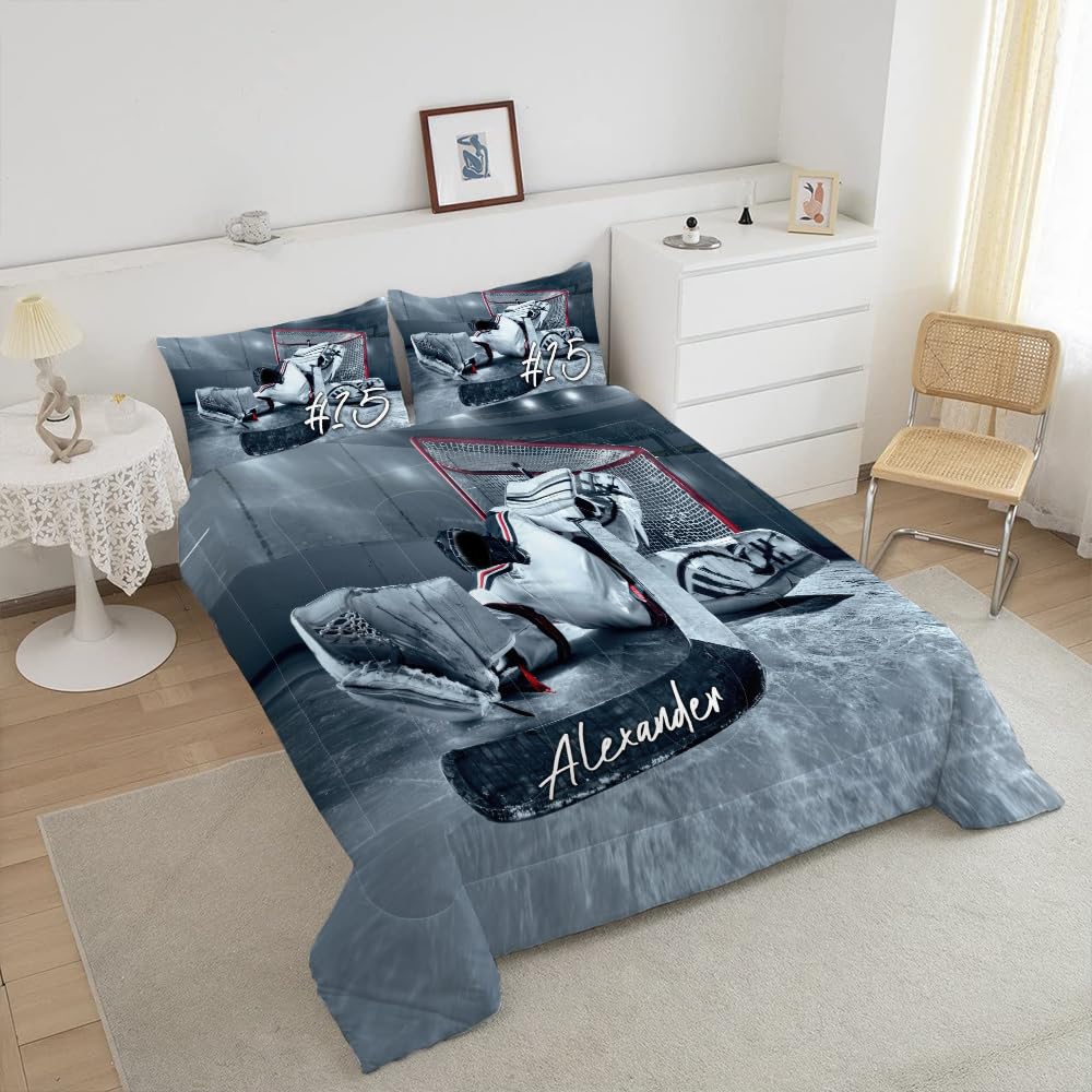 WAZARO Personalized Hockey Comforter Set, Hockey Bedding Twin Full Queen King, Hockey Blankets for Boys Ice Hockey Tapestry Down Comforters Hockey Bedroom Decor (Ice Hockey Goalie)