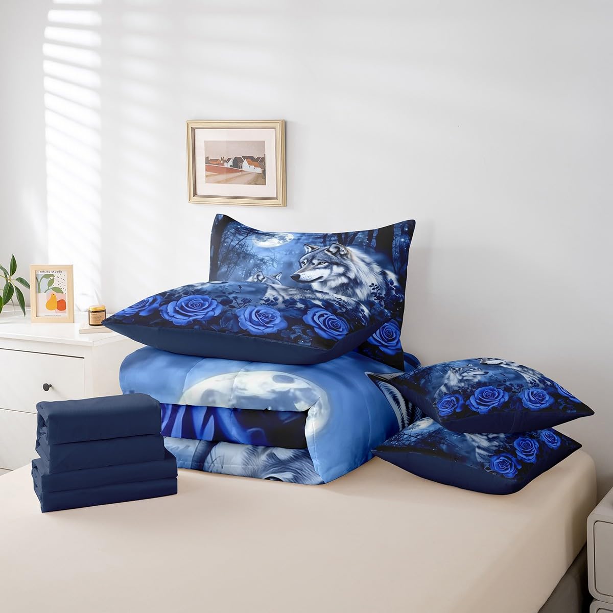 Erosebridal Wolf Couple Bedding Set Moon Blue Rose Flower Bed in A Bag with Sheets for Kids Adults Men Women,Woodland Animal Twin Comforter Set 7 Piece Tree Branches Wildlife Bed Set Bedroom Decor